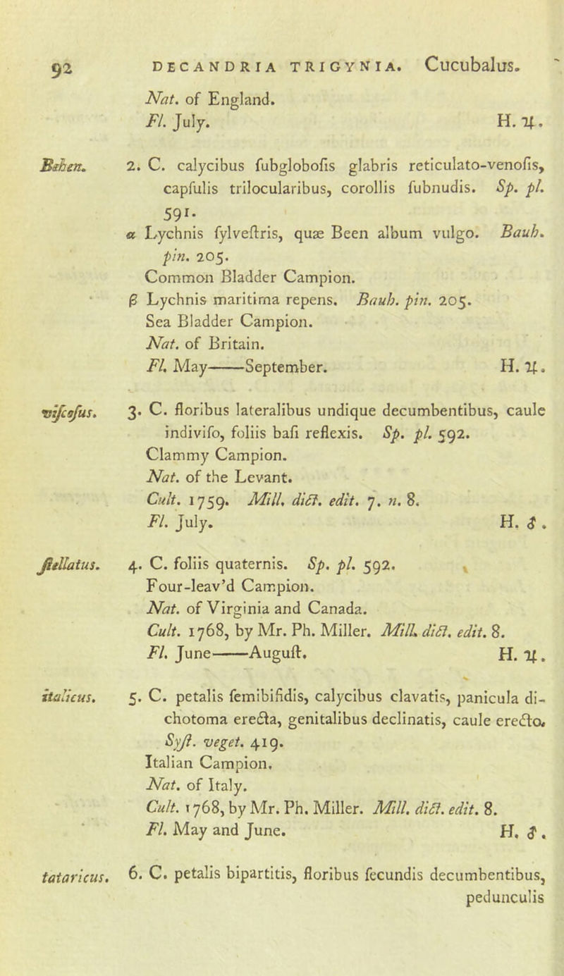 Bshen. vijcafus. JitUatus, italicus. DECANDRIA TRIGYNIA. CuCubaluS. Nat. of England. /y, July. H. If. 2. C. calycibus fubglobofis glabris reticulato-venofis, capfulis trilocularibus, corollis fubnudis. S/&gt;. pi. 591- a Lychnis fylveftrls, quae Been album vulgo. Bauh. phi. 205. Common Bladder Campion. ^ Lychnis maritima repens. Bauh. pin, 205. Sea Bladder Campion. Nat. of Britain. FI. May September. H. U. 3. C. floribus lateralibus undique decumbentibus, caule indivifo, foliis bafi reflexis. Sp. pi. 592. Clammy Campion. Nat. of the Levant. Cult, 1759. Afi/I, di6i. edit, 7. n. 8. FI. July. H. $ , 4. C. foliis quaternis. Sp. pi. 592. » Four-leav’d Campion. Nat. of Virginia and Canada. Cult. 1768, by Mr. Ph. Miller. Afill, dlSl. edit. 8. FI. June Auguft, H. 1(. 5. C. petalis femibifidis, calycibus clavatis, panicula di- chotoma ere£fa, genitalibus declinatis, caule ere&lt;5lo« &amp;yji. veget. 419. Italian Campion. Nat. of Italy. Cult, 1768, by Mr. Ph. Miller. Mill. diSi. edit, 8. FI. May and June. H, . tataricus. 6. C. petalis bipartitis, floribus fecundis decumbentibus, pedunculis