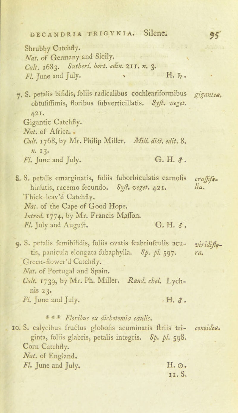 9S Shrubby Catchfly. A^at. of Germany and Sicily. Cu/i. 1683. Sutherl. bort. edin. 2II. n. 3. FI. June and July. ' H. ^ . 7. S. petalis bifidis, foliis radicalibus cochleariformibus obtufillimisj floribus fubverticillatis. Syji. veget. 421. Gigantic Catchfly. Nat. of Africa. . Cult. 1768, by Mr. Philip Miller. Mill. diSi. edit. 8. n. 13. FI. June and July. G. H. ^, 8. S. petalis emarginatis, foliis fuborbiculatls carnofis hirfutis, racemo fecundo. Syjl. veget, 421. Thick-leav’d Catchfly. Nat. of the Cape of Good Hope. hitrod. 1774, by Mr. Francis Maflbn. FI. July and Auguft. G, H. S , S. petalis femibifidis, foliis ovatis fcabriufculis acu- tis, panicula elongata fubaphylla. Sp. pi. 597. Green-flower’d Catchfly. Nat. of Portugal and Spain. Cult. 17 39, by Mr. Ph. Miller. Rand^ chel. Lych- nis 23. FI. June and July. H. d*. ■* * * Florihus ex dichotomia caiilis. 10. S. calycibus fruclus globofis acuminatis ftrlis tri- ginta, foliis glabris, petalis integris. Sp. pi. 598. Corn Catchfly. Nat. of England. FL June and July. ' H. O. n. S, gigantea. crajjife. Ha. viridijio- ra. conoidea.