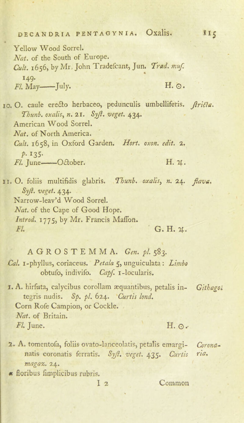 Yellow Wood Sorrel. Nat. of the South of Europe. Cult. 1656, by Mr, John Tradefcant, Jun. Trad, muf 149. Fl.Mzy July. H. o. 10. O. caule erefto herbaceo, pedunculis umbelliferis. Jlridia. Thunb. oxalis^ n. 21. Syji. veget. 434. American Wood Sorrel. Nat. of North America. Cult. 1658, in Oxford Garden. Hort. oxon. edit. 2. ^ 135- i^/. June——Odfober. H. If. 11. O. foliis multifidis glabris. Thunb. oxalis^ n. 24. Jlava, SyJi. veget. 434. Narrow-leav’d Wood Sorrel. Nat. of the Cape of Good Hope. Introd. 1775) by Mr. Francis Maffon. FI. ' G. H. If. AGROSTEMMA. Gen. pi. 583. Ct?/. i-phyllus, coriaceus. Petala ^^vtngmcuhXz: Limbo obtufo, indivifo. Capf. i-locularis, 1. A. hirfuta, calycibus corollam aequantibus, petalis in- Githag tegris nudis. Sp. pi. 624. Curtis lond. Corn Rofe Campion, or Cockle. Nat. of Britain. F/. June. H. ©.• 2. A. tomcntofa, foliis ovato-lanceolatis, petalis emargi- Corona natis coronatis ferratis. Syji, veget. 435. Curtis ria, magaz. 24. m floribus fimplicibus rubris. I 2 Common