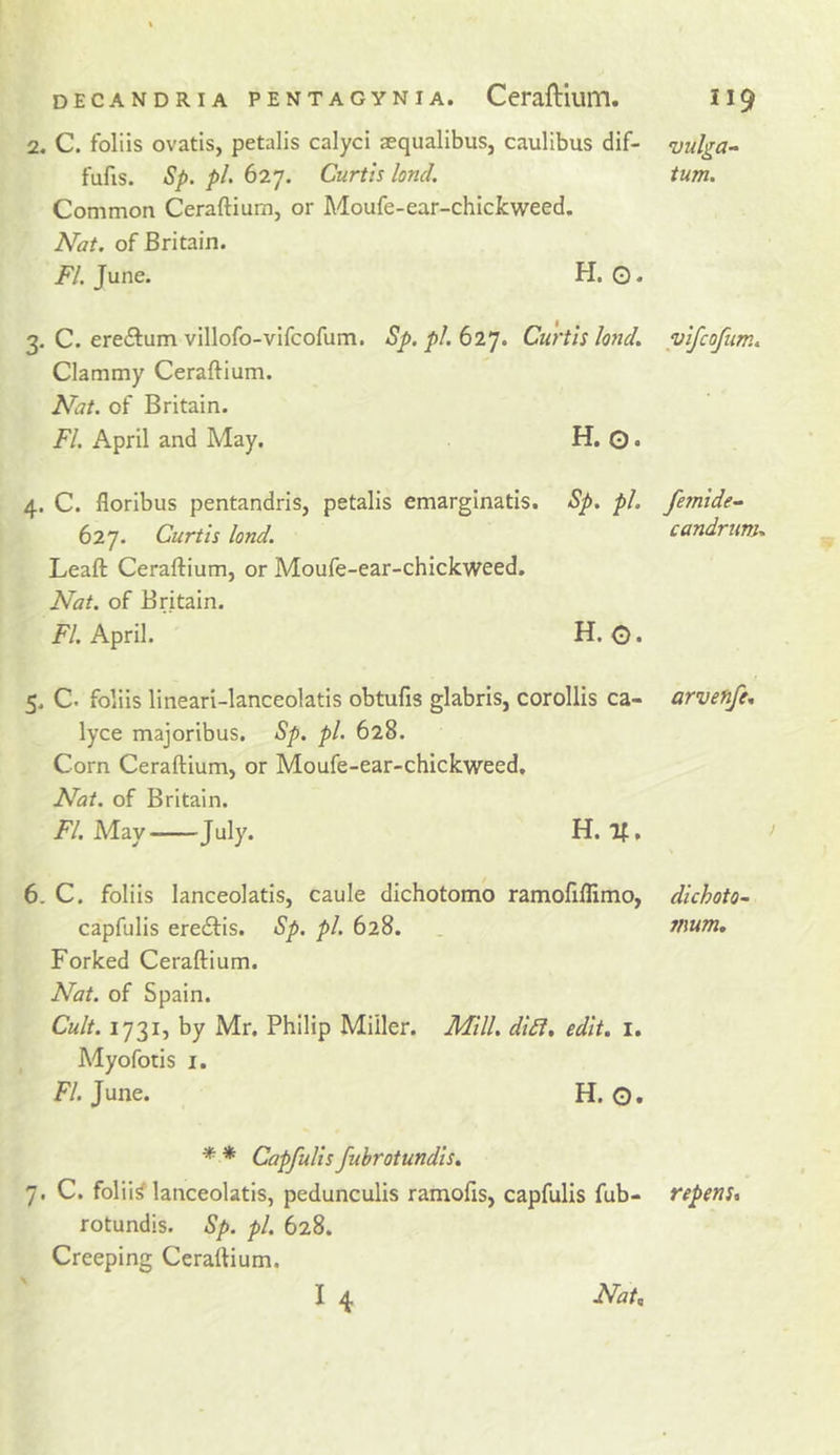 2. C. foliis ovatls, petalis calyci aequalibus, caulibus dif- vulga~ fufis. Sp. pl&gt; 627. Curtis loncl. turn. Common Ceraftium, or Moufe-ear-chickweed. Nat. of Britain. jF/. June. H. O. 3. C. ereftum villofo-vifcofum. Sp. pi. 627. Curtis lond, vlfcofum. Clammy Ceraftium. Nat. of Britain. FI. April and May. H. O. 4. C. floribus pentandris, petalis emarginatis. Sp. pi. femlde- 627. Curtis lond. candrum. Leaft Ceraftium, or Moufe-ear-chickweed. Nat. of Britain. FI. April. H. O • 5. C. foliis lineari-lanceolatis obtufis glabris, corollis ca- arvenfe, lyce majoribus. Sp. pi. 628. Corn Ceraftium, or Moufe-ear-chickweed, Nat. of Britain. /y. May July. H. 7f, &gt; 6. C. foliis lanceolatis, caule dichotomb ramofiflimo, dichoto- capfulis ereflis. Sp. pi. 628. . rnum. Forked Ceraftium. Nat. of Spain. Cult. 1731, by Mr. Philip Miller. Mill. di£t» edit. i. Myofotis I. F/. June. H. 0. * * Capfulis fubrotundis. 7. C. foliis lanceolatis, pedunculis ramofis, capfulis fub- rotundis. Sp. pi. 628. Creeping Ceraftium. Nat, repens. u