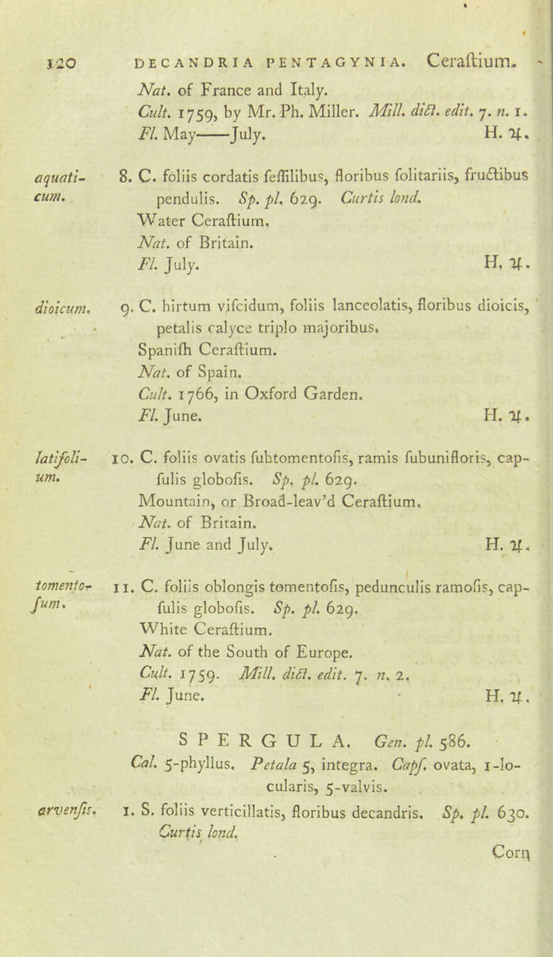 i'lo aquati- cum. diolcum. latifoli- um. tomento-r Jum, DECANDRIA PENTAGYNIA. Ccraftium. Nat. of France and Italy. Cult. 1759, by Mr. Ph. Miller. Mill. di£i. edit. 7. n. i. FI. May July. H. if, 8. C. foliis cordatis felTilibus, floribus folitariis, frudlibus pendulis. Sp. pi. 62(). Curtis land. Water Ceraftiurn. Nat. of Britain. FI. July. H, If. 9. C. hirtum vifcidum, foliis lanceolatis, floribus dioicis, petalis ralyce triple majoribus, Spanifh Ceraftiurn. Nat. of Spain, Cult. 1766, in Oxford Garden. F/. June. H. If. 10. C. foliis ovatis fubtomentofis, ramis fubunifloris, cap- fulis globofts. Sp. pi. 629. Mountain, or Broad-leav’d Ceraftiurn, Nat. of Britain. FI. June and July. H. If. 11. C. foliis oblongis tomentofis, pedunculis ramofis, cap- fulis globofis. Sp. pi. 629. White Ceraftiurn. Nat. of the South of Europe. Cult. 1759- Mill. di£i. edit. 7. n. 2. /y. June. • H, If. SPERGULA. Geti. pi. 586. Cal. 5-phylIus. Petala 5, Integra. Capf. ovata, i-lo- cularis, 5-valvIs. l. S. foliis verticillatis, floribus decandris. Sp. pi. 630. Curtis^ land. Cor^ arvenfis.