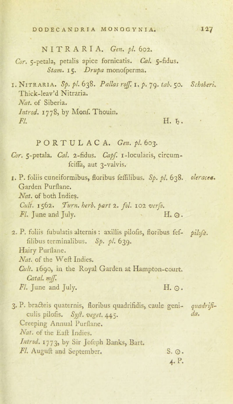 N I T R A R I A. Gen. pi. 602. Cor. 5-petala, petalis apice fornicatis. Cal. 5-fidus. Siam. 15. Drupa monofperma. I. Nitraria. Sp. pi. 638. Pallas rojf. i, p. 79. tab. 50. Schoberl. Thick-Ieav’d Nitraria. Nat. of Siberia. Introd. 1778, by Monf. Thouin, • . FI. H. PORTULACA. Gen. pi. 603. Cor. 5-petaIa. Cal. 2-fidus. Capf. i-locularis, circum- fcifla, aut 3-vaIvis. 1. P. foliis cuneiformibus, floribus feflilibus. Sp. pi. 638. olerace«. Garden Purflane. Nat. of both Indies. Cult. 1562. Turn. herb, part 2. fol. 102 verfo. 2^/. June and July. &gt; PI. O- 2. P. foliis fubulatis alternis : axillis pilofis, floribus fef- pilofa. filibus terminalibus. Sp. pi. 639. Hairy Purflane. Nat. of the Weft Indies. Cult. 1690, in the Royal Garden at Hampton-court. Catal. mjf. FI. June and July. H. Q. 3. P. bracleis quaternis, floribus quadrifidis, caule geni- quadriji- culis pilofis. Syjl. veget. 445. da. Creeping Annual Purflane. Nat. of the Eaft Indies. Introd. 1773, by Sir Jofeph Banks, Bart. FI. Auguft and September. S. Q, 4. P-