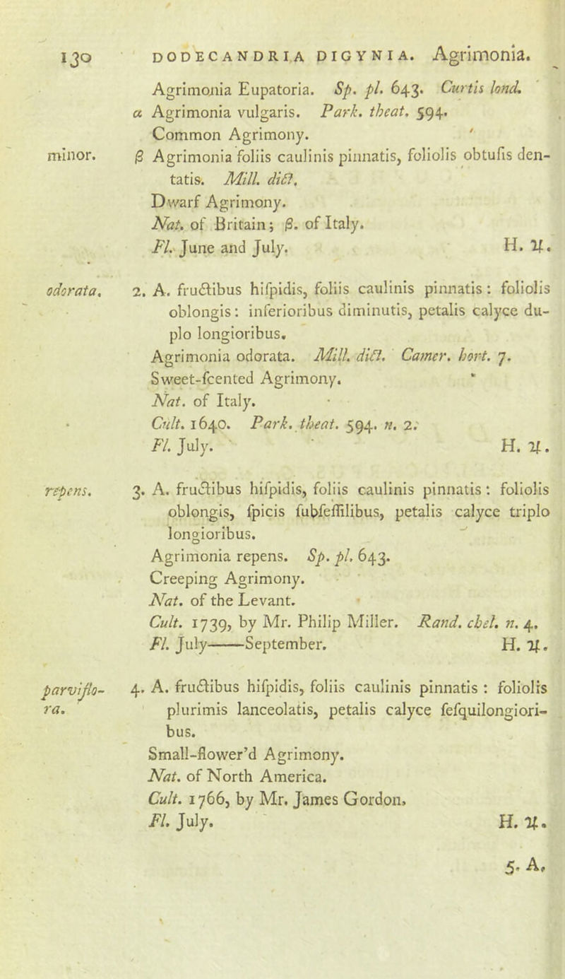 Agrimojiia Eupatoria. Sp. pi. 643. Curtis hnd. a Agrimonia vulgaris. Park, theat. 594. Common Agrimony. ' minor. (3 Agrimonia foliis caulinis pinnatis, foliolis obtufis den- tatis. Mill. di£i. Dwarf Agrimony. Nat. of Britain; |3. of Italy. -E/.'June and July. H. If. odorata, 2. A. fruifibus hifpidis, foliis caulinis pinnatis: foliolis oblongis; inferioribus diminutis, petalis calyce du- plo longioribus. Agrimonia odorata. Mill. di^. Camer. hort. 7. Sweet-fcented Agrimony. Nat. of Italy. • Cult. 1640. Park, theat. 594. n. 2: /'/.July. ■ H. If. repens. 3. A. fruilibus hifpidis, foliis caulinis pinnatis: foliolis oblongis, fpicis fubfeflilibus, petalis calyce triplo longioribus. Agrimonia repens. Sp. pi. 643. Creeping Agrimony. N^at. of the Levant. ’ Cult. 1739, by Mr. Philip Miller. Rand. cbel. n. 4. FI. July September. H. If. 4. A. frudlibus hifpidis, foliis caulinis pinnatis ; foliolis plurimis lanceolatis, petalis calyce fefquilongiori- bus. Small-flower’d Agrimony. Nat. of North America. Cult. 1766, by Mr. James Gordon, FL July. H. %,