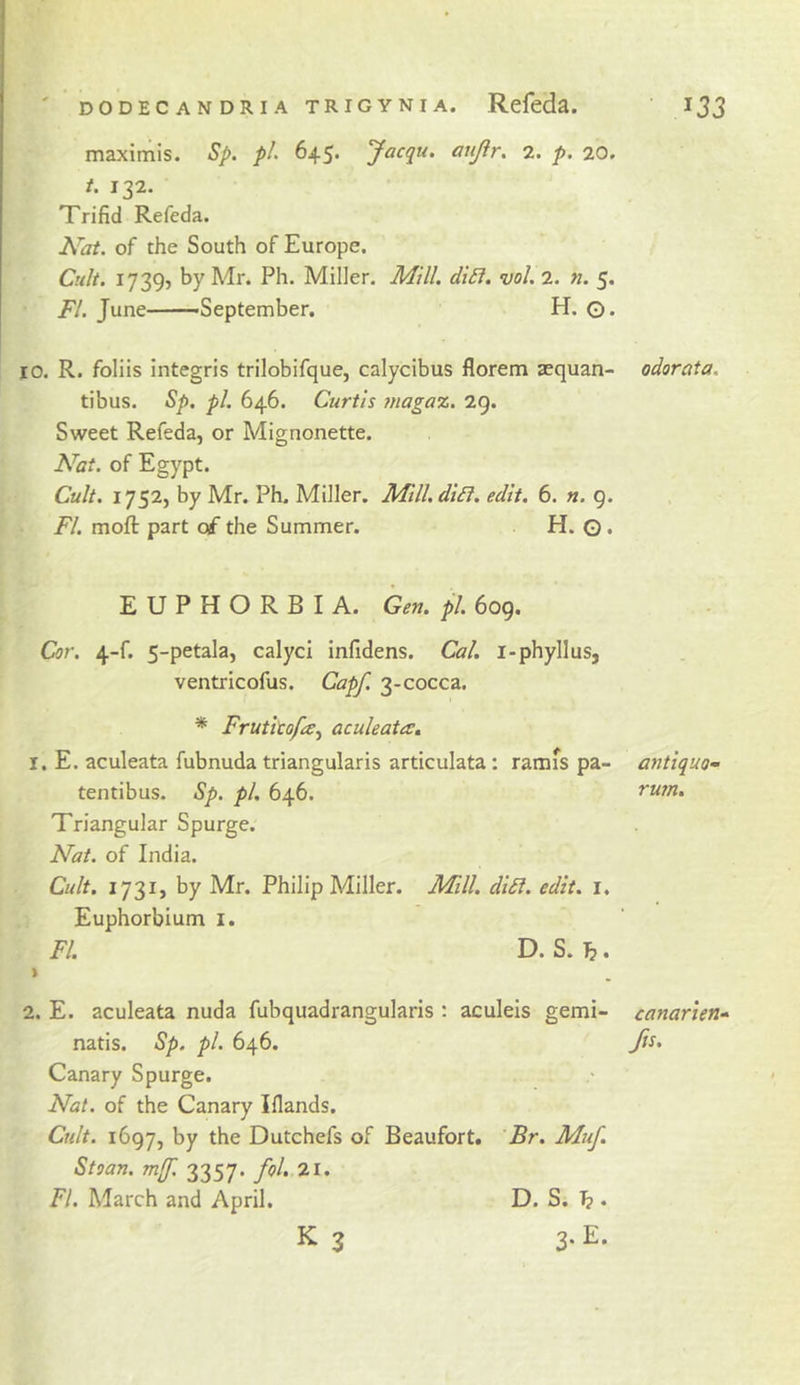 maximis. Sp. pL 645* 'Jacqu. aujir, 2. p. 20. U 132. Trifid Refeda. Nat. of the South of Europe. Cult. 17395 by Mr. Ph. Miller. Mill. di£i. vol. 2. n. 5. FI. June——September. H. G- 10. R. foliis integris trilobifque, calycibus florem tequan- tibus. Bp, pi. 646. Curtis maga%. 29. Sweet Refeda, or Mignonette. Nat. of Egypt. Cult. 1752, by Mr. Ph. Miller. Mtll.diil. edit. 6. n. 9. FI. moft part c£ the Summer. H. G. EUPHORBIA. Gen. pi. 609. Cor. 4-f. 5-petala, calyci infidens. Cal. i-phyllus, ventricofus. Capf. 3-cocca. * Frutkof^y aculeata, 1. E. aculeata fubnuda triangularis articulata: ramis pa- tentibus. Sp. pi, 646. Triangular Spurge. Nat. of India. Cult. 1731, by Mr. Philip Miller. Mill. dt£l. edit. i. Euphorbium i. FI. D. S. I?. &gt; 2. E. aculeata nuda fubquadrangularis ; aculeis gemi- natis. Sp. pi. 646. Spurge. Nat. of the Canary Iflands. Cult. 1697, by the Dutchefs of Beaufort. Br. Muf. Stoan. m(f. 3357. fol, 2i. FI. March and April. K 3 odorata. antique- rum. canarten- Jis, D. S. 1?. 3. E.