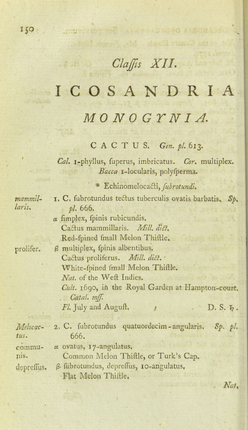 1 T Claffis XI I. . I C O S A N D R I A MONOGYNI A. CACTUS. Gen. pi. 613. mammiU laris. prolifer. Cal. i-phyllus, fuperus, imbricatus. Cor. multiplex. Bacca i-locularis, polyfperma. ^ • * Echinomelocadli, fubrotundi. I. C. fubrotunduS tedlus tuberculis ovatis barbatis^ Sp^ pi. 666. a fimplex, fpinis rubicundis. Caflus mammillaris. Mill. diSl. Red-fpined fmall Melon Thiftle, P multiplex, fpinis albentibus. CaiStus'proliferus. Mill. diSi.” White-fpined fmall Melon Thiftle. Pdat. of the Weft Indies. Cult. 1690, in the Royal Garden at Hampton-court. Qatal. mjf. FI. July and Auguft. / . D. S. • Meloc ac- tus. commu- nis. depreflus. 2. C. fubrotundus quatuordecim - angularis. 666. a ovatus, ly-angulatus. Common Melon Thiftle, or Turk’s Cap. /3- fubrotundus, depreflus, lO-an’gulatus, Flat Melon Thiftle, Sp. pi. , Nai,,