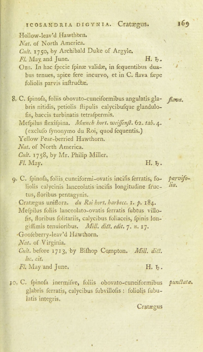 Hollow-leav’d Hawthbrn, ' Nat. of North America. '' Cuit. 1750, by Archibald Duke of Argyle. FI. May and June. H. T?, Obs. In hac fpecie fpinae validee, in fequentibus dua- ' ^ • bus tenues, apice fere incurvo, et in C. flava faepe foliolis parvis inftru£tae. 3. C. fpinofa, foliis obovato-cuneiformibus angulatis gla- jlava. bris nitidis, petiolis ftipulis calycibufque glandulo- fis, baccis turbinatis tetrafpermis. Mefpilus flexifpina. Mcench hart, weijfenjl. 62. tab. 4. (exclufo fynonymo du Roi, quod fequentis.) Yellow Pear-berried Hawthorn. Nat. of North America. Cult. 1758, by Mr. Philip Miller, FI. May, H. ^. 9. C. fpinofa, foliis cuneiformi-ovatis incifis ferratis, fo- liolis calycinis lanceolatis incifis longitudine fruc- tus, floribus pentagynis. Crataegus uniflora, du Roihort.harbecc. i. p. 184. Mefpilus foliis lanceolato-ovatis ferratis fubtus villo- fis, floribus folitariis, calycibus foliaceis, fpinis lon- giflimis tenuioribus. Mill. di£t. edit. 7. n. 17. •Goofeberry-leav’d Hawthorn. Nat. of Virginia. Ck//. before 1713, by Eifliop Co;npton. Mill. di£l. loc. cit. FI. May and June, ^ H. 1?. iO. C. fpinofa inern^ifve, foliis obovato-cuneiformibus pundiata* glabris ferratis, calycibus fubvillofis : foliolis fubu- latis intcgris. parvtfo- Ha. Crataegus