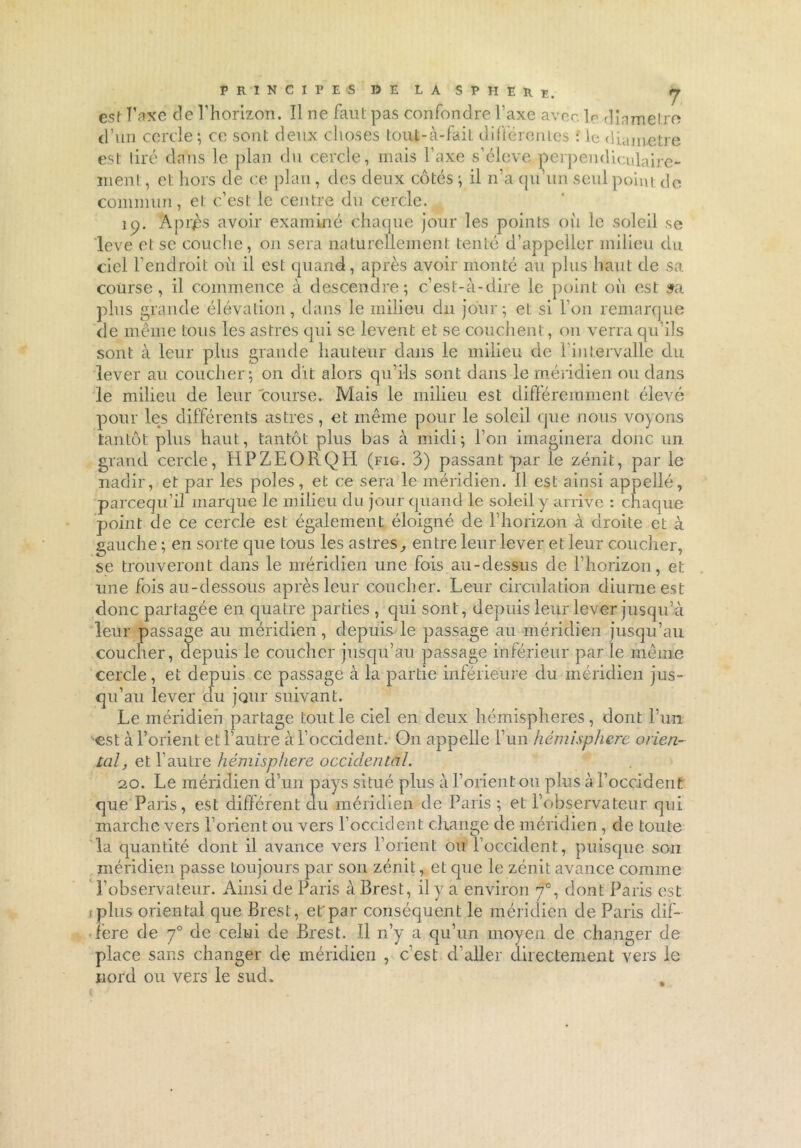 est Taxe cle l’horizon. Il ne faut pas confondre l’axe avec, le <linmel.ro d’un cercle; ce sont deux choses tont-à-fait différentes : le diamètre est tiré dans le plan du cercle, mais l’axe s’élève perpendiculaire- ment , et hors de ce plan, des deux côtés ; il n’a qu un seul point de commun, et c’est le centre du cercle. ip. Aprjès avoir examiné chaque jour les points oit le soleil se leve et se couche, on sera naturellement tenté d’appeller milieu du ciel l'endroit où il est quand, après avoir monté au plus haut de sa. course, il commence à descendre; c’est-à-dire le point où est sa plus grande élévation, dans le milieu du jour; et si l’on remarque de même tous les astres qui se lèvent et se couchent, on verra qu’ils sont à leur plus grande hauteur dans le milieu de l’intervalle du lever au coucher; on dit alors qu’ils sont dans le méridien ou dans le milieu de leur course. Mais le milieu est différemment élevé pour les différents astres, et même pour le soleil que nous voyons tantôt plus haut, tantôt plus bas à midi; l’on imaginera donc un grand cercle, HPZEORQH (fig. 3) passant par le zénit, par le nadir, et par les pôles, et ce sera le méridien. Il est ainsi appelle, pareequ’il marque le milieu du jour quand le soleil y arrive : chaque point de ce cercle est également éloigné cle l’horizon à droite et à gauche ; en sorte que tous les astres, entre leur lever et leur coucher, se trouveront dans le méridien une fois au-dessus de l’horizon, et une fois au-dessous après leur coucher. Leur circulation diurne est donc partagée en quatre parties , qui sont, depuis leur lever jusqu’à leur passage au méridien, depuis le passage au méridien jusqu’au coucher, depuis le coucher jusqu’au passage inférieur par le même cercle, et depuis ce passage à la partie inférieure du méridien jus- qu’au lever du jour suivant. Le méridien partage tout le ciel en deux hémisphères, dont l’un 'est à Lorient et l’autre à l’occident. O11 appelle l’un hémisphère orien- tal, et l’autre hémisphère occidental. 20. Le méridien d’un pays situé plus à l’orient ou plus à l’occident que Paris, est différent du méridien de Paris ; et l’observateur qui marche vers l’orient ou vers l’occident change de méridien, cle toute la quantité dont il avance vers l’orient ou l’occident, puisque son méridien passe toujours par son zénit, et que le zénit avance comme l’observateur. Ainsi de Paris à Brest, il y a environ 70, dont Paris est rplus oriental que Brest, et’par conséquent le méridien de Paris dif- féré de 70 de celui de Brest. Il n’y a qu’un moyen de changer de place sans changer de méridien , c’est d’aller directement vers le nord ou vers le sud.
