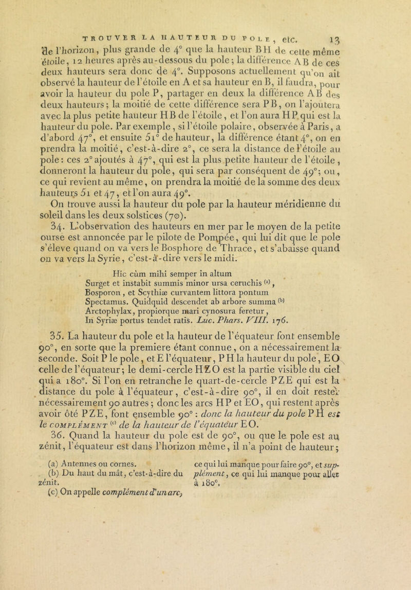 He l’horizon, plus grande de 4° que la hauteur B H de cette même étoile, 12 heures après au-dessous du pôle-, la différence AB de ces deux hauteurs sera donc de \°. Supposons actuellement qu’on ait observé la hauteur de l’étoile en A et sa hauteur en B, il faudra, pour avoir la hauteur du pôle P, partager en deux la différence AB des deux hauteurs; la moitié de cette différence sera PB, on l’ajoutera avec la plus petite hauteur H B de l’étoile, et l’on aura H P qui est la hauteur du pôle. Par exemple , si l’étoile polaire, observée à Paris, a d’abord 47% et ensuite 5i° de hauteur, la différence étant 4% on en prendra la moitié, c’est-à-dire 20, ce sera la distance de l’étoile au pôle: ces 20ajoutés à 47% qui est la plus petite hauteur de l’étoile , donneront la hauteur du pôle, qui sera par conséquent de 490; ou, ce qui revient au même, on prendra la moitié de la somme des deux hauteurs 5i et 47, et l’on aura 490. On trouve aussi la hauteur du pôle par la hauteur méridienne du soleil dans les deux solstices (70). 34- L’observation des hauteurs en mer par le moyen de la petite ourse est annoncée parle pilote de Pompée, qui lui dit que le pôle s’élève quand on va vers le Bosphore de Thrace, et s’abaisse quand on va vers la Syrie, c’est-à-dire vers le midi. Hic cùm mihi semper in altum Surget et instabit summis minor ursa ceruchis (a), Bosporon , et Scythiæ curvantem littora pontum Spectamus. Quidquid descendet ab arbore summa(b) (c) Arctophylax, propiorque mari cynosura feretur, In Syriæ portus tendet ratis. Luc. Phars. VIII. 176. 35. La hauteur du pôle et la hauteur de l’équateur font ensemble 90% en sorte que la première étant connue, on a nécessairement la seconde. Soit P le pôle, et E l’équateur, PH la hauteur du pôle, EO celle de l’équateur; le demi-cercle HZ O est la partie visible du ciel quia 1800. Si l’on en retranche le quart-de-cercle PZE qui est la distance du pôle à l’équateur, c’est-à-dire 90°, il en doit rester nécessairement 90 autres ; donc les arcs H P et EO, qui restent après avoir ôté PZE, font ensemble 90° : donc la hauteur du pôle P H est le complément (c1 de la hauteur de l’équateur EO. 36. Quand la hauteur du pôle est de 90°, ou que le pôle est au zénit, l’équateur est dans l’horizon même, il n’a point de hauteur; (a) Antennes ou cornes. ce qui lui manque pour faire po°, et sup- (b) Du haut du mât, c’est-à-dire du plément, ce qui lui manque pour aller zénit. à 1800. (c) On appelle complément d’un arc>