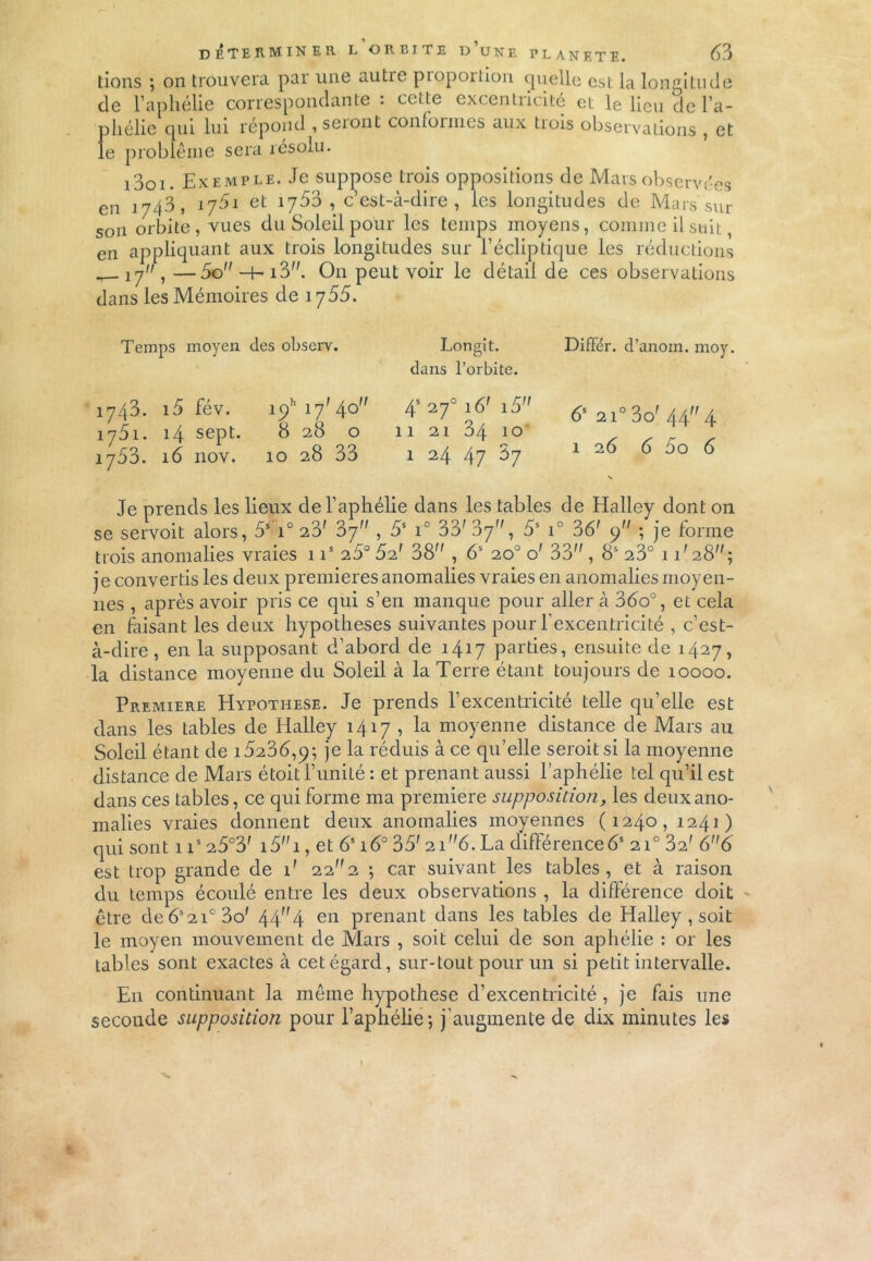 tiens ; on trouvera par une autre proportion quelle est la longitude de l’aphélie correspondante : cette excentricité et le lieu de l’a- phélie qui lui répond ,seiont contomics aux tiois observations , et le problème sera résolu. i3oi. Exemple. Je suppose trois oppositions de Mars observées en 1743» l751 et 17^ ’ c’est-à-dire, les longitudes de Mars sur son orbite, vues du Soleil pour les temps moyens, comme il suit, en appliquant aux trois longitudes sur l’écliptique les réductions __ 17 , —5o -h i3. On peut voir le détail de ces observations dans les Mémoires de 1755. Temps moyen des observ. Longit. Différ. d’anom. moy. dans l’orbite. 1743. l5 fév. lph 17' 4° iy5i. 14 sept. 8 28 o 1753. 16 nov. 10 28 33 4S 27016' i5 11 21 34 10 1 24 47 ^7 6S 2i° 3o' 44^ 4 1 26 6 5o 6 Je prends les lieux de l’aphélie dans les tables de Halley dont on se servoit alors, 5S i° 23' 37 , 5S i° 33' 37, 5S i° 36' 9 ; je forme trois anomalies vraies 1 is 25° 52.' 38 , 6S 20° o' 33 , 8S 23° 1 i'a8; je convertis les deux premières anomalies vraies en anomalies moyen- nes , après avoir pris ce qui s’en manque pour aller à 36o°, et cela en faisant les deux hypothèses suivantes pour l’excentricité , c’est- à-dire , en la supposant d’abord de 1417 parties, ensuite de 1427, la distance moyenne du Soleil à la Terre étant toujours de 10000. Première Hypothèse. Je prends l’excentricité telle qu’elle est dans les tables de Halley 1417 , la moyenne distance de Mars au Soleil étant de 15236,9*, je la réduis à ce qu’elle seroitsi la moyenne distance de Mars étoit l’unité : et prenant aussi l’aphélie tel qu’il est dans ces tables, ce qui forme ma première supposition, les deux ano- malies vraies donnent deux anomalies moyennes (1240, 1241) qui sont 1 is 25°3' 15 1, et 6S160 35'2i6.La différence6s 210 32' 66 est trop grande de 1' 222 ; car suivant les tables, et à raison du temps écoulé entre les deux observations , la différence doit être de 652ic3o' 444 en prenant dans les tables de Halley , soit le moyen mouvement de Mars , soit celui de son aphélie : or les tables sont exactes à cet égard, sur-tout pour un si petit intervalle. En continuant la même hypothèse d’excentricité , je fais une seconde supposition pour l’aphélie ; j’augmente de dix minutes les