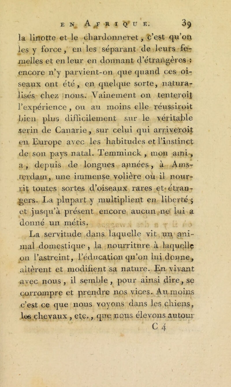 la linotte et le chardonneret, c’est qu’on les y force , en les séparant de leurs fe- melles et en leur en donnant d’étrangères : encore n’y parvient-on que quand ces oi- seaux ont été, en quelque sorte, natura- lisés chez nous. Vainement on tenteroij l’expérience , ou au moins elle réussirait bien plus difficilement sur le véritable serin de Canarie, sur celui qui arriveroit en Europe avec les habitudes et l’instinct de son pays natal. Temminck, mon ami , a, depuis de longues années, à Ams- terdam, une immense volière où il nour- rit toutes sortes d’oiseaux rares et» étran- gers. La plupart y multiplient en liberté } et jusqu’à présent encore aucun ne lui a donné un métis. La servitude dans laquelle vit un ani- mal domestique , la nourriture à laquelle on l’astreint, l’éducation qu’on lui donne, altèrent et modifient sa nature. En vivant avec nous , il semble , pour ainsi dire, se corrompre et prendre nos vices. Au moins c’est ce que nous voyons dans les chiens, les chevaux , etc., que nous élevons autour G 4 l