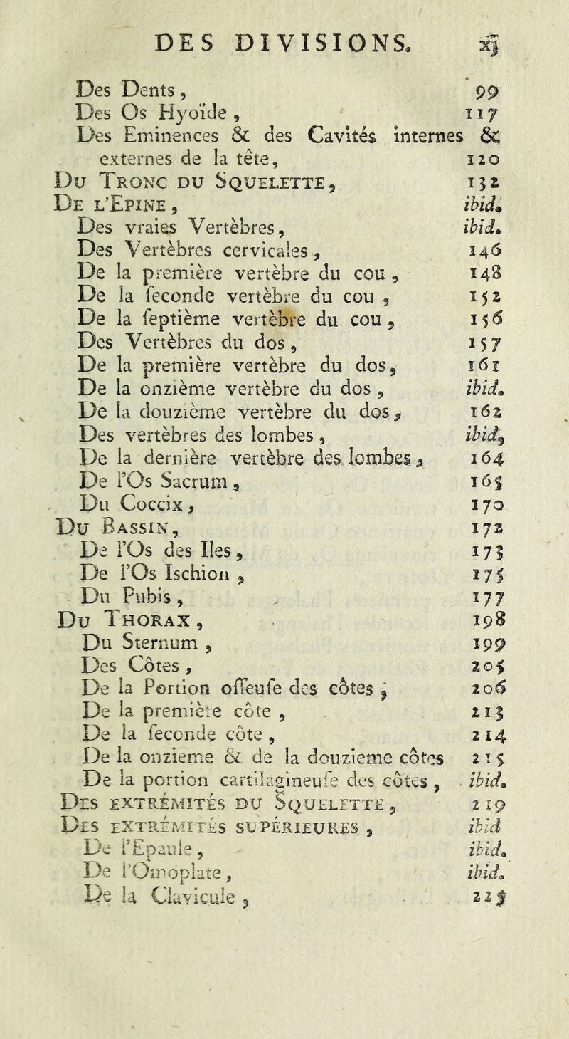 DES DIVISIONS, Des Dents, 99 Des Os Hyoïde , 117 Des Eminences & des Cavités internes & externes de la tête, 120 Du Tronc du Squelette, 132 De l’Epine , ibid• Des vraies Vertèbres, ibid• Des Vertèbres cervicales, 146 De la première vertèbre du cou, 148 De la fécondé vertèbre du cou , 15s De la feptième vertèbre du cou , 156 Des Vertèbres du dos, 157 De la première vertèbre du dos, 161 De la onzième vertèbre du dos , ibid. De la douzième vertèbre du dos * 16z Des vertèbres des lombes , ibid3 De la dernière vertèbre des lombes. â 164 De l’Os Sacrum, 16$ Du Coccix, 170 Du Bassin, 172 De l’Os des Iles, 173 De l’Os Ischion , ij$ Du Pubis, 177 Du Thorax, 19$ Du Sternum , 199 Des Côtes, 205 De la Portion ofieufe des côtes } 206 De la première côte , 21$ De la fécondé côte, 214 De la onzième & de la douzième côtes 2 ï % De la portion cartilagineufe des côt^s , ibid. Dis extrémités du Squelette, 219 Dis extrémités supérieures , ibid De f Epaule , ibid. De i’Omoplate, ibida De la Clavicule , 21 $