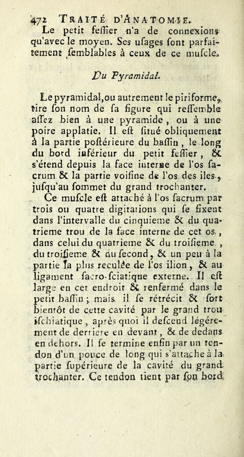 4yz Traité d’Amatom-ïë. Le petit feftîer n'a de connexions-' qu’avec le moyen. Ses ufages font parfai- tement femblables à ceux de ce mufcle, J?u TyramidaL Le pyramidal,ou autrement le piriforme^, tire fon nom de fa figure qui reflemble affez bien à une pyramide , ou à une poire applatie. Il eft fitué obliquement à la partie poftérieure du b.afîîn , le long du bord inférieur du petit feffier , &C s’étend depuis la face interne de l’os fa- crum 8c la partie voifîne de l’os, des iles 5 jufqu’au fommet du grand trochanter. Ce mufcle eft attaché à l'os facrum par trois ou quatre digitations qui fe fixent dans l’intervalle du cinquième & du qua- trième trou de la face interne de cet os , dans celui du quatrième & du îroifieme , du troiüeme 2* du fécond r ôc un peu à la partie Ta plus reculée de l’os ilion, & au ligament facroTciatiqtte externe. Il eft large en cet endroit S4 renfermé dans le petit baffin * mais, il fe rétrécit Si fort bientôt de cette cavité par le grand trou î-fchiatique , après quoi ü defcead légère- ment de derrière en devant, & de dedans en dehors. Il fe termine enfin par un ten- don d’un pouce de long qui s'attache à la partie fupérie,ur.e de la cavité du grand trochanter. Ce tendon tient par Ion bord