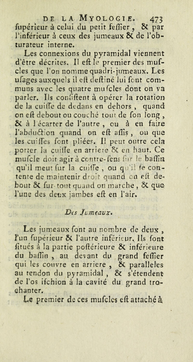 fupérieur à celui du petit feftîer 9 & par l’inférieur à ceux des jumeaux & de l’ob- turateur interne. Les connexions du pyramidal viennent d’être décrites. Il eft le premier des muf- c!es que Ton nomme quadri-jumeaux. Les ufages auxquels il eft deftiné lui font com- muns avec les quatre mufclés dont on va parler. Ils condftent à opérer la rotation de la cuide de dedans en dehors , quand on eft debout ou couché tout de fon long > & à 1 écarter de l’autre , eu â en faire l’abduâ on quand on eft aiïis , ou que les cu:de$ font pliées. Il peut outre cela porter la cuide en arriéré 5c en haut. Ce mufcle doit agir à contre-fens fur le badin qu’il meut fur la cuide , ou qu’il te con- tente de maintenir droit quand oa eft de- bout & fur tout quand on marche , 8t que l’une des det;x jambes eft en l’air. Des Jumeaux* Les jumeaux font au nombre de deux , l’un fupérieur & l'autre inférieur. Us font fitués à la partie poftérieure & inférieure du badin y au devant du grand feftîer qui les couvre en arriéré , ôt parallèles au tendon du pyramidal , & s’étendent de l'os ifehion à la cavité du grand tro- chanter. Le premier de ces mufeles eft attaché à