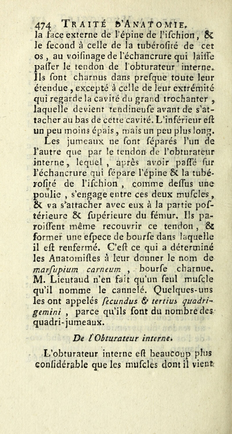 la face externe de l'épine de Tifchion, & le fécond à celle de la tubérofité de cet os, au voifïnage de l'échancrure qui laiiîe palier le tendon de [‘obturateur internée Ils font charnus dans prefque toute leur étendue , excepté à celle de leur extrémité qui regarde la cavité du grand trochanter 9 laquelle devient teadineufe avant de s’at- tacher au bas de cette cavité. L'inférieur eft un peu moins épais, mais un peu plus long. Les jumeaux ne font féparés l’un de l'autre que par le tendon de l’obturateur interne, lequel , après avoir paffé fur l’échancrure qui fépare l’épine SC la tubé- rofité de Tifchion , comme deflus une poulie , s’engage entre ces deux rrmfcles , & va s'attacher avec eux à la partie pof- térieure 5c fupérieure du fémur. Us pa- roiflent même recouvrir ce tendon , 8$ former une efpece de bonrfe dans laquelle il ell renfermé. C’eft ce qui a déterminé les Ânatomiftes à leur donner le nom de marfupium carneum , bourfe charnue* M. Lieutaud n’en fait qu’un feul mufcle qu’il nomme le cannelé. Quelques-uns les ont appelés fecundus & tertius qnadri- gemini , parce qu’ils font du nombre des quadri-jumeaux. De ïObturateur interne. L’obturateur interne e(l beaucoup plus confidérable que les mufcles dont il vientr