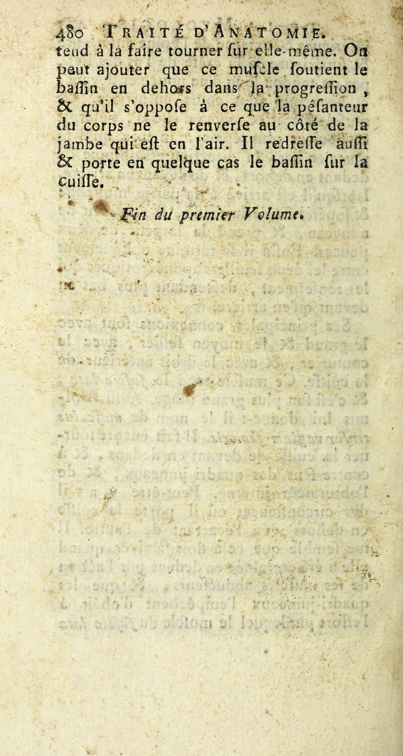 teud à la faire tourner fur elle-même. Oa peut ajouter que ce mufcle foutient le baflîti en dehors dans; 1^ progreffion , ÔC qu'il s’oppofe à ce que la péfanteur du corps ne le renverfe au côté de la jambe qui eft en l’air. Il redreffe âtiïflt Sc porte en quelque cas le baffin fur la cuifTe» ,4 1 * * : *A' ■ 1. S l?4n du premier Volume.