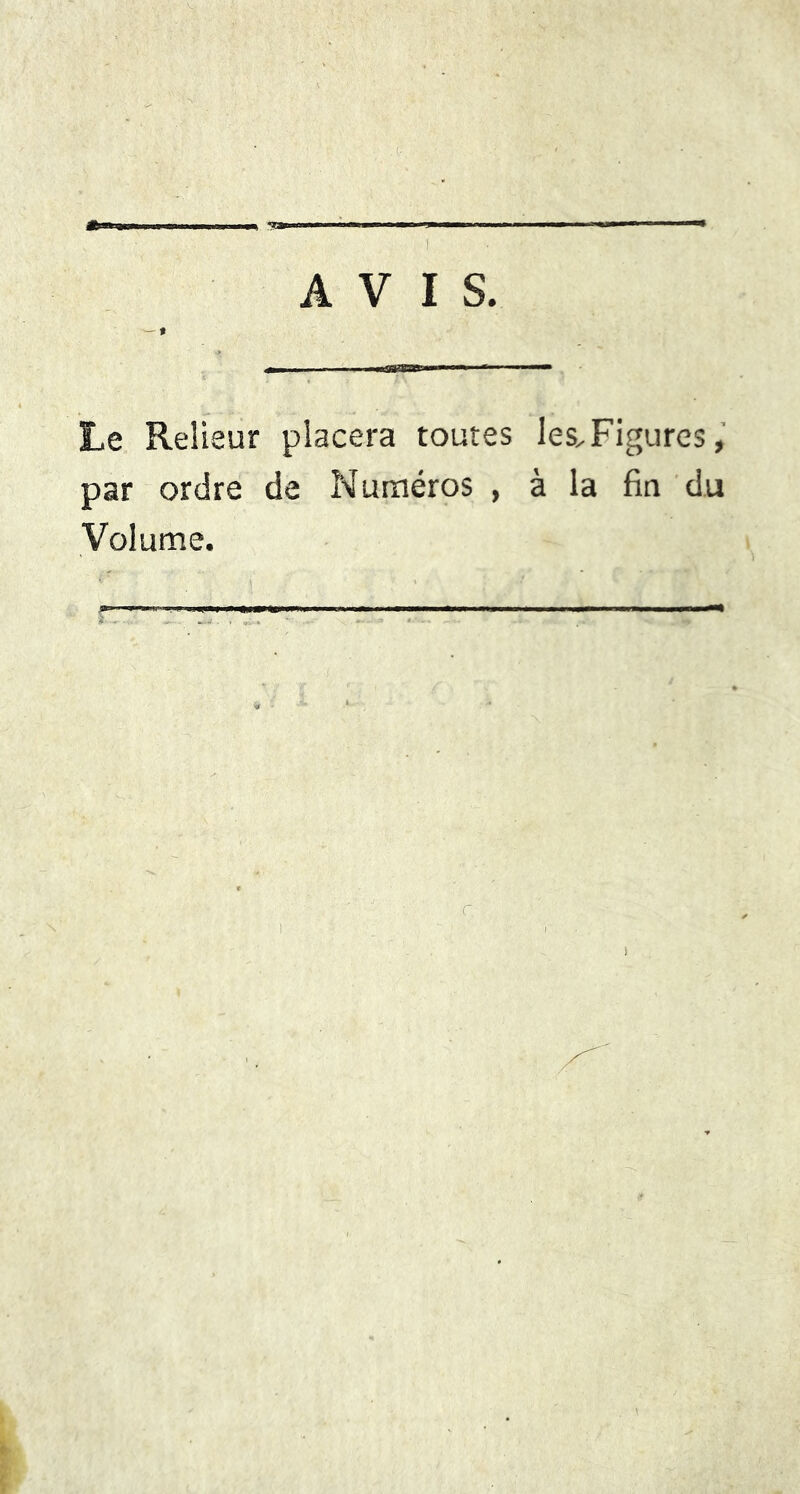 AVIS. Le Relieur placera toutes les.Figures, par ordre de Numéros , à la fin du Volume.