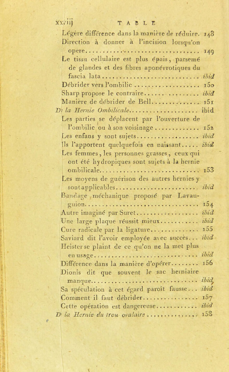 Légère difFérence dans la manière de réduire. 148 Direction à donner à l’incision lorsqn'on opéré 14g Le tissu cellulaire est plus épais, parsemé de glandes et des fibres aponévrotlcjues du fascia lata rh'c/ Débrider vers l’ombilic i5o Sharp propose le contraire zè/cf Manière de débrider de Bell i5i D; la Hernie Ombilicale ibid Les parties ^se déplacent par l’ouverture de l’ombilic ou à son voisinage i5z Les enfans y sont sujets ibid Ils l’apportent quelquefois en naissant ibid Les femmes, les personnes grasses, ceux qui ont été hydropiques sont sujets à la hernie ! ombilicale i53 Les moyens de guérison des autres hernies y sont applicables ibid Bandage iméchanique proposé jrar Lavau- guion 154 Autre imaginé par Suret ibid Une large plaque réussit mieux ibid Cure radicale par la ligature i55 Saviard dit l’avoir employée avec succès... ibid Heistcrse plaint de ce qu’on ne la met plus en usage.. Différence dans la manière d’opérer.. i56 Dionis dit que souvent le sac herniaire manque ibic^ Sa spéculation à cet égard paroît fausse... ibid Comment il faut débrider ifiy Cette opération est dangereuse ibid D' la Hernie du trou ovalaire i5S