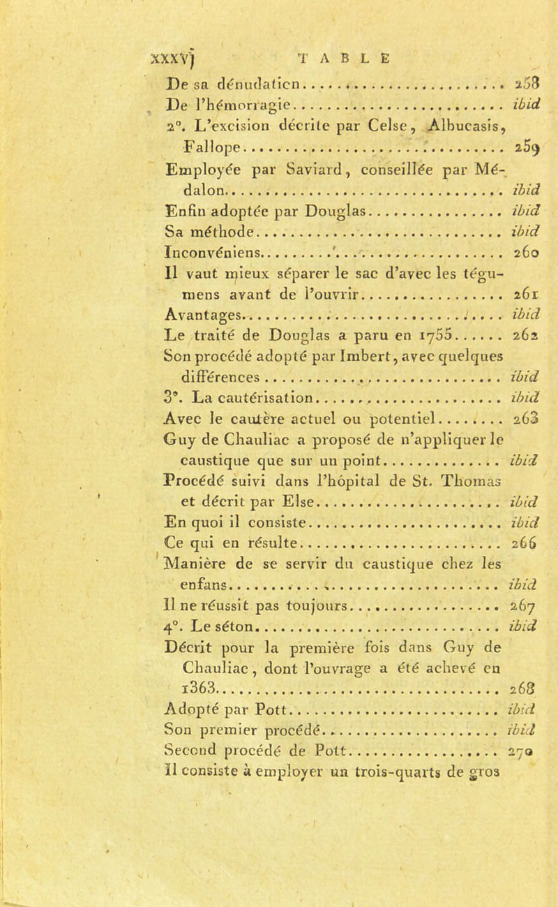 De sa déniulaticn aSS ^ De l’hémorragie ibid 2°. L’excision décrite par Celse, Albucasis, Fallope 259 Employée par Saviard, conseillée par Mé- dalon ibid Enfin adoptée par Douglas ibid Sa méthode ibid Inconvéniens ' 260 11 vaut mieux séparer le sac d’avec les tégu- mens avant de l’ouvrir 261 Avantages ibid ' Le traité de Douglas a paru en lyôS 262 Son procédé adopté par Imbert, avec quelques difFérences ibid 3®. La cautérisation ibid Avec le cautère actuel ou potentiel 263 Guy de Chauliac a proposé de n’appliquer le caustique que sur un point ibid Procédé suivi dans l’hôpital de St. Thomas ' et décrit par Else ibid En quoi il consiste ibid Ce qui en résulte 266 I Manière de se servir du caustique chez les enfans ibid 11 ne réussit pas toujours 267 4°. Le séton ibid Décrit pour la première fois dans Guy de Chauliac, dont l’ouvrage a été achevé eu i363 268 Adopté par Pott ibid Son premier procédé ibid , Second procédé de Pott 270 i* ' f 11 consiste ù employer un trois-quarts de gros