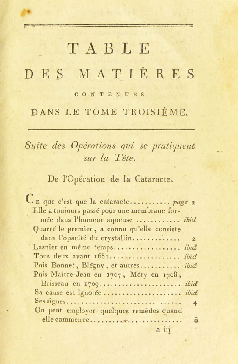 t TABLE DES MATIÈRES CONTENUES DANS LE TOME TROISIÈME. Suite des Opérations qui se pratiquent sur la Tête. De l’Opération de la Cataracte. i F. que c’est que la cataracte Va8e 1 Elle a toujours passé pour une membrane for- mée dans l’humeur aqueuse ibid Quarré le premier, a connu qu’elle consiste dans l’opacité du crystallin 2 Lasnier en même temps ibid Tous deux avant i65i . ibid Puis Bonnet, Blégny, et autres . .. ibid Puis Maître-Jean en 1707, Méry en 1708, Brisseau en 1709 . ibid Sa cause est ignorée ibid Ses signes ...... 4 On peut employer quelques remèdes quand elle commence .+ S a iij