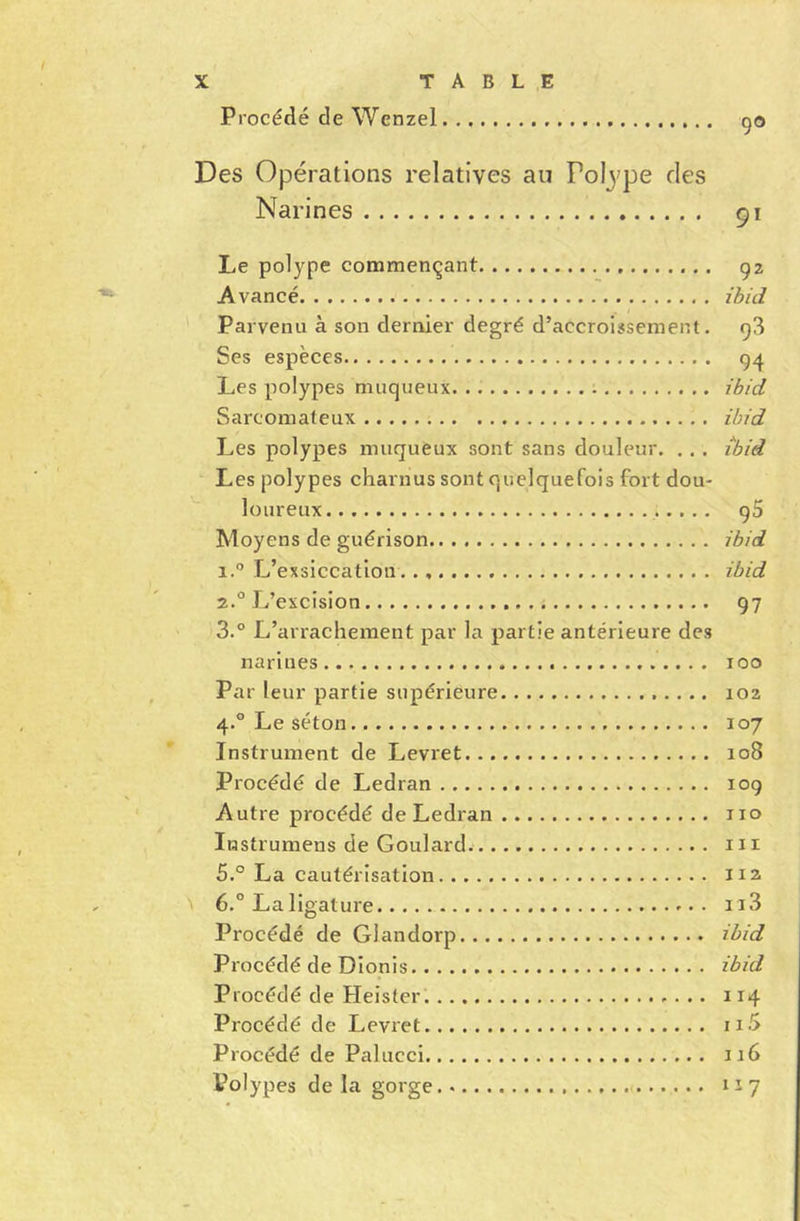 Procédé de Wcnzel 9° Des Opérations relatives au Fotype des Narines 91 Le polype commençant Avancé Parvenu à son dernier degré d’accroissement. Ses espèces Les polypes muqueux Sarcomateux Les polypes muqueux sont sans douleur. . . . Les polypes charnus sont quelquefois fort dou- loureux Moyens de guérison i.° L’exsiccation ., 2.0 L’excision 3.° L’arrachement par la partie antérieure des narines Par leur partie supérieure 4.0 Le séton Instrument de Levret Procédé de Ledran Autre procédé de Ledran Instrumens de Goulard. 5. ° La cautérisation 6. ° La ligature Procédé de Glandorp Procédé de Dionis Procédé de Heister. Procédé de Levret Procédé de Palucci Polypes de la gorge 92 ibid q3 94 ibid ibid ibid 95 ibid ibid 97 100 102 107 10B xog no 111 112 113 ibid ibid 114 11.5 116 117