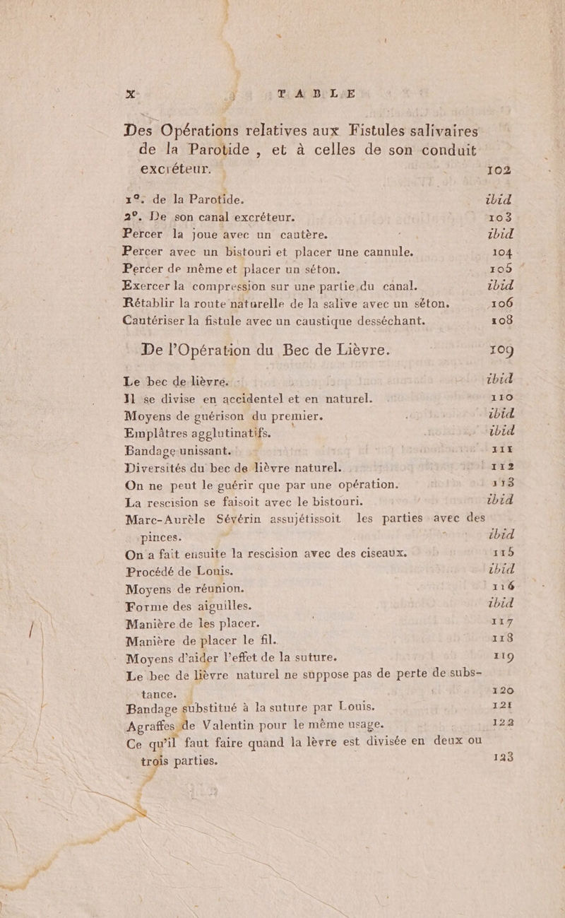 x ; T À B LE Des Opérations relatives aux Fistules salivaires de la Parotide , et à celles de son conduit excréteur. 12. de la Parotide. 2°. De son canal excréteur. Percer la joue avec un cautère. Percer avec un bistouri et placer une cannule. Percer de mème et placer un séton. ÆExercer la compression sur une partie.du canal. Rétablir la route naturelle de la salive avec un séton. Cautériser la fistule avec un caustique desséchant. De l'Opération du Bec de Lièvre. Le bec de lièvre. - ; 3 }1 se divise en accidentel et en naturel. Moyens de guérison du premier. Emplâtres agglutinatifs. Bandage unissant. Diversités du bec de lièvre naturel. On ne peut le guérir que par une opération. La rescision se faisoit avec le bistouri. pinces. On a fait ensuite la rescision avec des ciseaux. Procédé de Louis. Moyens de réunion. Forme des aiguilles. Manière de les placer. Manière de placer le fil. Moyens d'aider l'effet de la suture. Le bec de lièvre naturel ne suppose pas de perte de subs- tance. Bandage substitué à la suture par Louis. Acte Valentin pour le même usage. Ce qu’il faut faire quand la lèvre est divisée en deux ou trois parties. # ne tbid 103 zbid 104 : 109 ” ibid 106 108 109 tbid 110 ibid ibid Su: 178 tbid ibid 115 thid 116 tbid 117 118 I19 120 12£ 122 123