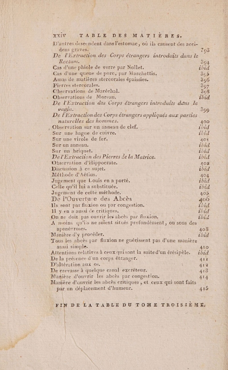 XXIV TABLE DES MATIÈRES. 'autres desecndent dans lestomac, où ils causent des acci- dens graves. | 203 De l'Extraction des Corps étrangers introduits dans le Rectur. 304 Cas d’une phiole de verre par Nollet. thid Cas d’une queue de porc, par Marchettis. 365 Amas de matières stercorales épaissies. 396 Pierres stercorales. 307 Observations de Maréchal. 308 Observations de Moreau. ibid De l'Extraction des Corps étrangers introduits dans le Page. | ; 399 De l'Extractiondes Corps étrangers appliqués aux parties naturelles des hommes. 400 . Observation sur un anneau de clef. tbid Sur une bague de cuivre. zbid Sur une virole de fer. 40% Sur un anneau. ibid Sur un briquet. thid Del Extraction des Pierres de la Matrice. chic Observation d’Hippocrate. 402 Discussion à ce sujet. zhid Méthode d’Aétius. | 404 Jugement que Louis en a porté. | zhid Celle qu’il lui a substituée. thid Jugement de cette méthode. 405 x (7 Dé l’Ouverture des Abcès | 400 Ïls sont par fluxion ou par congestion. : ibid Xl y en a aussi de critiques. ibid On ne doit pas ouvrir les abcès par fluxion, | thil A moins qu’is ne soient situés profondément, ou sous des aponéyroses. 408 Manière d'y procéder. ibid Tous les abcès par fluxion ne guérissent pas d’une manière aussi simple. 410 Âttentions relatives à ceux quisont la suite d’un érésipèle. zbrid De la présence d'un corps étranger, Aix D'’altération aux os. \ 412 De crevasse à quelque canal excréteur. 413 Manière d'ouvrir les abcès par congestion. AT4 Manière d'ouvrir les abcès critiques , et ceux qui sont faits par un déplacement d'humeur. . 415 FIN DE LA TABLE DU TOME TROISIÈME. Fi } |: à