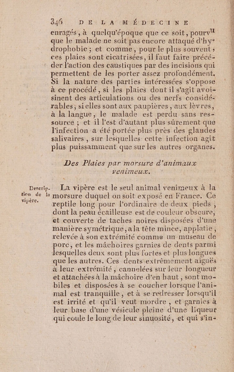 345 D EL A MVÉ\DUEACALIN E que le malade ne soit pas encore attaqué d'hy- drophobie ; et comme, pour le plus souvent ; ces plaies sont cicatrisées , il faut faire précé- * der l’action des caustiques par des incisions qui permettent de les porter assez profondément, à ce procédé , si les plaies dont il s’agit avoi- sinent des articulations ou des nerfs considé- rables; sielles sont aux paupières , aux lèvres, à la langue, le malade est perdu sans res- source ; et il l’est d'autant plus sûrement que Finfection à été portée plus près des glandes salivaires , sur lesquelles cette infection agit plus puissamment que sur les autres organes. Des Plaies par morsure d'animaux VERIMEUT. ._ Deserip- La vipère est le seul animal venimeux à la DR ns k morsure duquel on soit exposé en France. Ce FF reptile long pour l'ordinaire de deux pieds , dont la peau écailleuse est de couleur obscure, et couverte de taches noires disposées d’uné manière symétrique, a la tête mince, applatie, relevée à son extrémité comme un museau de porc, et les mâchoires garnies de dents parmi lesquelles deux sont plus fortes et plus longues que les autres. Ces dents extrêmement aiguës à leur extrémité , cannelées sur leur longueur et attachées à la mâchoire d’en haut , sont mo- biles et disposées à se coucher lorsque l’ani- mal est tranquille, et à se redresser lorsqu'il est irrité et qu'il veut mordre , et garnies à leur base d’une vésicule pleine d’une liqueur qui coule le long de leur sinuosité, et qui s'in- Ld Se es à DER Re D ae > PTT ee Li en Term ue tt À