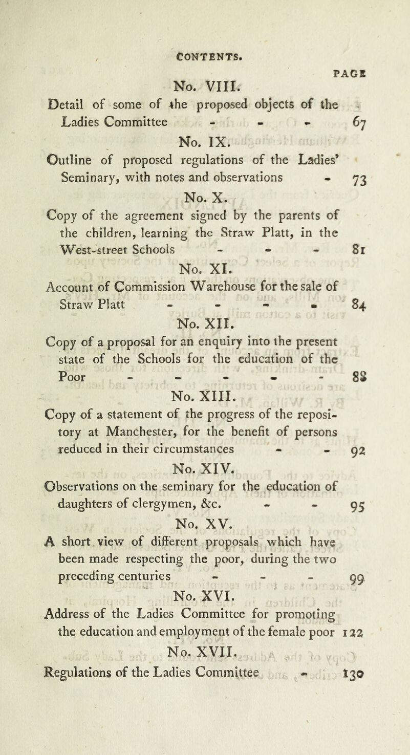 PAGE No. VIII. Detail of some of 4he proposed objects of the Ladies Committee - . • 67 No. IX. Outline of proposed regulations of the Ladies’ Seminary, with notes and observations - 73 No. X. Copy of the agreement signed by the parents of the children, learning the Straw Platt, in the West-street Schools - - - 81 No. XI. Account of Commission Warehouse for the sale of Straw Platt - - - 84 No. XII. Copy of a proposal for an enquiry into the present state of the Schools for the education of the Poor ----- 88 No. XIII. Copy of a statement of the progress of the reposi- tory at Manchester, for the benefit of persons reduced in their circumstances - - 92 No. XIV. Observations on the seminary for the education of daughters of clergymen, &amp;c. - “95 No. XV. A short view of different proposals which have been made respecting the poor, during the two preceding centuries - - - 99 No. XVI. Address of the Ladies Committee for promoting the education and employment of the female poor 122 No. XVII. Regulations of the Ladies Committee - 130