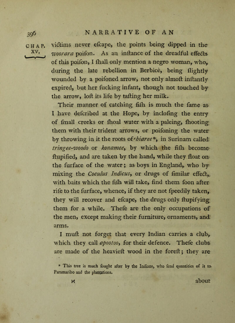 39<5 CHAP. XV. NARRATIVE OF AN victims never efcape, the points being dipped in the woorara poifon. As an inftance of the dreadful effedls of this poifon, I fhall only mention a negro woman, who, during the late rebellion in Berbice, being Rightly wounded by a poifoned arrow, not only almoft inftantly expired, but her fucking infant, though not touched by the arrow, loft its life by tailing her milk. Their manner of catching filli is much the fame as I have defcribed at the Hope, by inclofing the entry of fmall creeks or fhoal water with a paleing, fhooting them with their trident arrows, or poifoning the water by throwing in it the roots of'biaree% in Surinam called tringee-woodo or konamee, by which the fifh become ftupified, and are taken by the hand, while they float on the furface of the water; as boys in England,, who by mixing the Coculus Indicus, or drugs of limilar effe£t,,; with baits which the fifh will take, find them foon after rife to the furface, whence, if they are not fpeedily taken, they will recover and efcape, the drugs only ftupifying them for a while. Thefe are the only occupations of the men, except making their furniture, ornaments, and arms. I muft not forget that every Indian carries a club, which they call apootoo, for their defence. Thefe clubs are made of the heavieft wood in the foreft; they are * This tree is much fought after by the Indians* who fend quantities of it to Paramaribo and the plantations. about