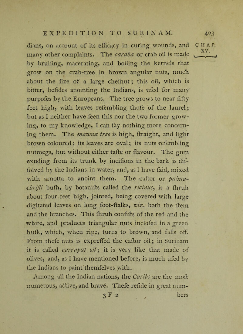 dlans, on account of its efficacy in curing wounds, and chap. XV. many other complaints. The car aba or crab oil is made by bruifing, macerating, and boiling the kernels that grow on the crab-tree in brown angular nuts, muck about the fize of a large chefnut; this oil, which is bitter, be (ides anointing the Indians, is ufed for many purpofes by the Europeans. The tree grows to near fifty feet high, with leaves refembling thofe of the laurel; but as I neither have feen this nor the two former grow- ing, to my knowledge, I can fay nothing more concern- ing them. The mawna tree is high, firaight, and light brown coloured; its leaves are oval; its nuts refembling nutmegs, but without either tafie or flavour. The gum exuding from its trunk by incifions in the bark is dif- folved by the Indians in water, and, as I have faid, mixed with arnotta to anoint them. The caftor or palma- chrifti bufli, by botanifts called the ricinus, is a lb rub about four feet high, jointed, being covered with large digitated leaves on long foot-ftalks, viz. both the Item and the branches. This ffirub confifts of the red and the white, and produces triangular nuts inclofed in a green hulk, which, when ripe, turns to brown, and falls off. From thefe nuts is exprefled the caftor oil; in Surinam it is called carrapat oil; it is very like that made of olives, and, as I have mentioned before, is much ufed by the Indians to paint themfelves with. Among all the Indian nations, the Caribs are the moft numerous, a&ive, and brave. Thefe refide in great num-