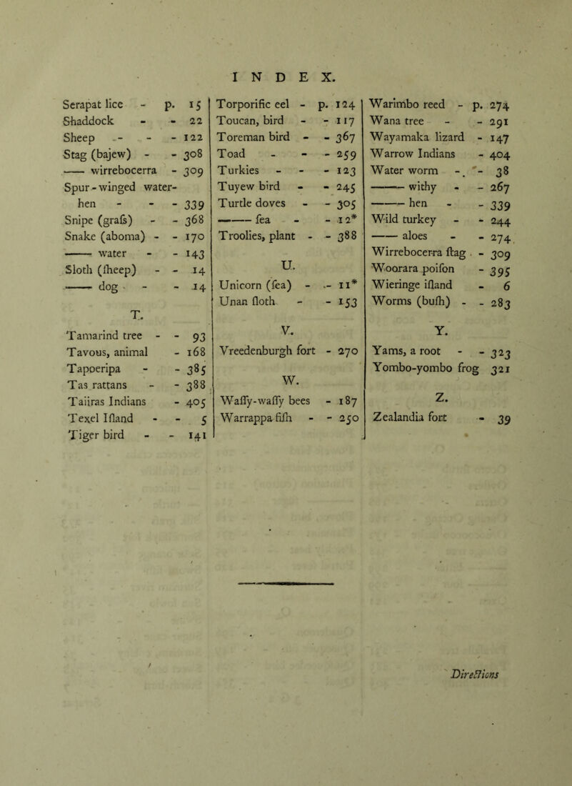 Serapat lice p. 15 Shaddock - 22 Sheep - 122 Stag (bajew) - - 308 —— wirrebocerra - 3°9 Spur - winged water- hen - 339 Snipe (grafs) - 363 Snake (aboma) - - 170 water - 143 Sloth (Ibeep) - 14 dog > - - 14 T. Tamarind tree - “ 93 Tavous, animal - 168 Tapoeripa - 385 Tas rattans - 3^8 Taiiras Indians 1 O V-ri Texel Ifland - 5 Tiger bird - 141 Torporific eel - P* 124 Toucan, bird - 117 Tore man bird - - 367 Toad - 259 Turkies - 123 Tuyew bird - 245 Turtle doves - 305 — fea - ,12* Troolies, plant - - 388 U. Unicorn (fea) - 11* Unan floth - *53 V. Yreedenburgh fort - 270 W. Wafly-wafly bees - 187 W arrappa fiih - 250 Warimbo reed - p. 274 Wana tree - - 291 Wayamaka lizard - 147 Warrow Indians - 404 Water worm - 38 withy - - 267 hen - _ 339 Wild turkey - - 244 aloes - - 274 Wirrebocer-ra ftag - 309 Woorara poifon - 395 Wieringe ifland - 6 Worms (bulb) - _ 283 Y. Yams, a root - - 323 Yombo-yombo frog 321 Z. Zealandia fort - 39 / Dir eft ions