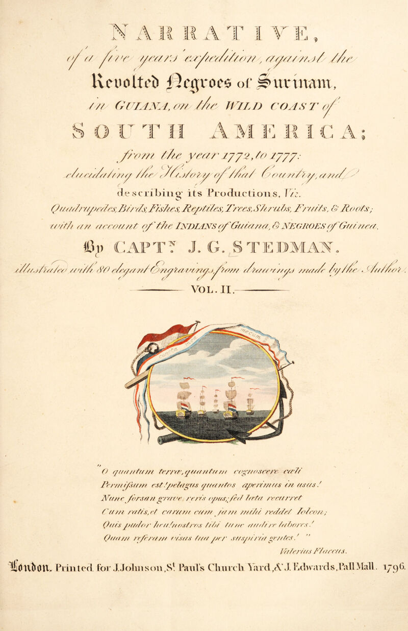 a S A 9 \ It R A 1 A| I V > 7s! M-A $ ,)/ sir toe& of Surinam, /// Guiana, o/y /he Wild coast o, i %3 Y T HP U 1 A M >3 1 c j Xli from the year 1772, to 1777: ■///r/,/,////,,/ //h ,/h/.)///’/// o. A /'//7 /7/77// 7//// //7/t' c7 ( /.)//// //'/;/ 7/777/ f '/'7/ 77 / 7 7/, 7/ / /7t e/ _ # 7 ^ # X describing- its Productions, Viz. A 7?u(/Amj?e/tes,Bt/ -ds. Fishes, Rej?tdes, Trees.Shrubs, Fr/iifs, & Roots,- toitti 00 e/ccoant o/' the Indians 0/Guiana,& negroes of'Guinea. % CAPTV J. G. STEDMAN. Z///a/!/////7/7 y/t////, f¥0 7'//!//7/ 7// A'//A/'/// 7/7//?^, ),//7/7/7 7/71/7/'7777/J //////A' ////A/s tS////// . — VOL. II. O qtatt/Zai/t 7c/7re,qttst//7/t/// cog/toscerc ct/7t‘ Pcrt/t t/stt/tt est'qtel/igas qt/artfos aper/nttts in as as / IZanc forsan o/vtve rerts tqttts/Je// 7tr/tr /ret//'re7 Cam / a77s,77 c/t/v/m ct/t/t /am //ttZ/7 red/7/7 ZoZcona 9 (7a/s qttttZo/ • Ztctt/tt os// yks 7/7a 7/t ttc /tttt/t / r 7/t hit)/ rs./ ZJtatat i rfc/v///t tvs as 7/at /ter sasja't'ta gr/ttes / JZt/Zci ttts PZo/rtts. lijflUboil. Pri ll ted for J.Joknson ,S* Paul’s Clinrcli Vaid ,(V.I Edwards,PallMall 1796.