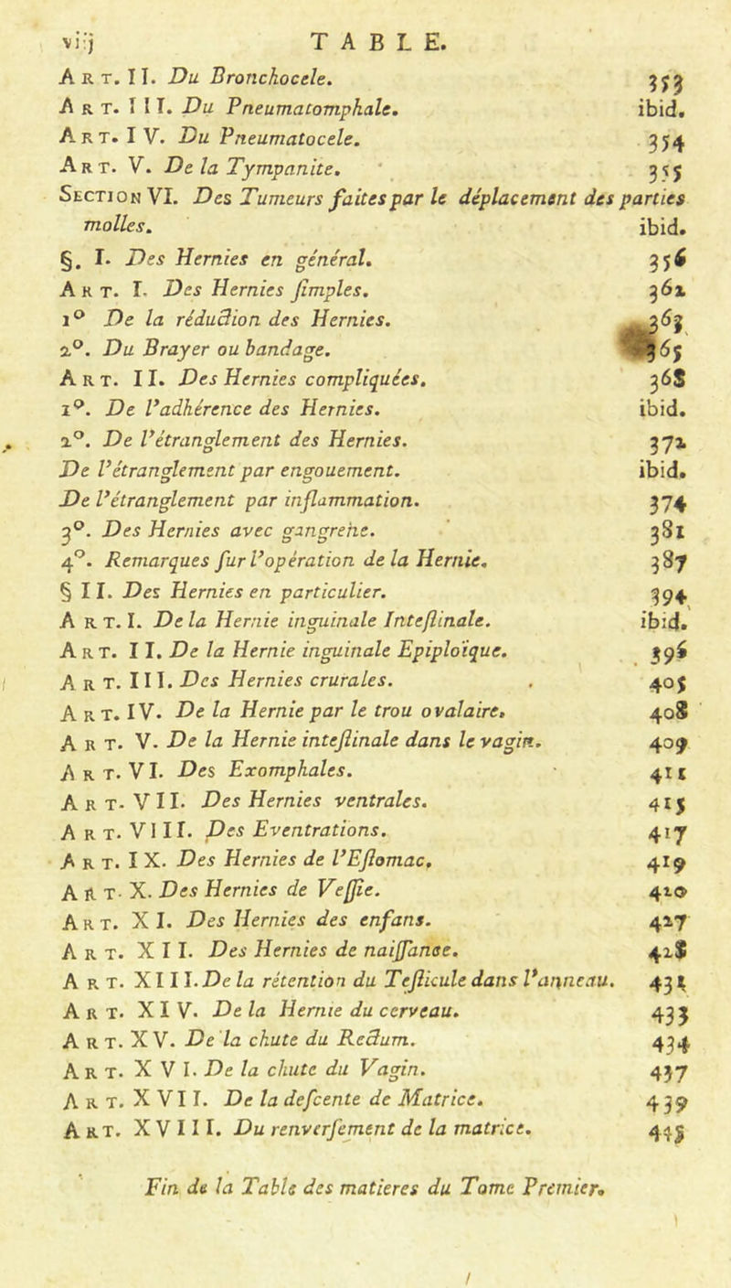 vij TABLE. Art. II. Du Bronchocèle. 3^3 A r t. I 11. Du Pneumacompkale. ibid. Art. I V. Du Pneumatocele. 354 Art. V. Delà Tympanite, ysf Section VI. Des Tumeurs faites par le déplacement des parties molles. ibid. §. I. Des Hernies en général. 35^ Art. I. Des Hernies Jimples. 361 i° De la ré du dion des Hernies. 36; a°. Du Brayer ou bandage. 5 Art. II. Des Hernies compliquées. 36S ip. .De Vadhérence des Hernies. ibid. a°. De Vétranglement des Hernies. 373. De Vétranglement par engouement. ibid. De Vétranglement par inflammation. 374 30. Des Hernies avec gangrène. 381 40. Remarques fur Vopération de la Hernie. 387 §11. Des Hernies en particulier. 394 A R T. I. Delà Hernie inguinale Intef inale. ibid. Art. II. De la Hernie inguinale Epiploïque. 39$ Art. III. Des Hernies crurales. . 40$ A r t. IV. De la Hernie par le trou ovalaire, 408 Art. V. De la Hernie intefinale dans le vagin. 409 Art. VI. Des Exomphales. 411 A r t- VII- Des Hernies ventrales. 41 j Art. VIII. Des Eventrations. 417 A r t. I X. Des Hernies de VEflomac. 419 An t- X. Des Hernies de Ve fie. 41® Art. XI. Des Hernies des enfans. 417 Art. XII. Des Hernies de naifanae. 41$ A rt. XIII .Delà rétention du Teficule dans Panneau. 431 Art. XIV. De la Hernie du cerveau. 433 A r t. X V. De la chute du Redum. 434 Art. XVI. De la chute du Vagin. 437 Art. XVII. De la defeente de Matrice. 439 Art. XVIII. Du renverfemtnt de la matrice. 44g Fin de la Table des matières du Tome Premier. , ‘ - ' * ' * ) /