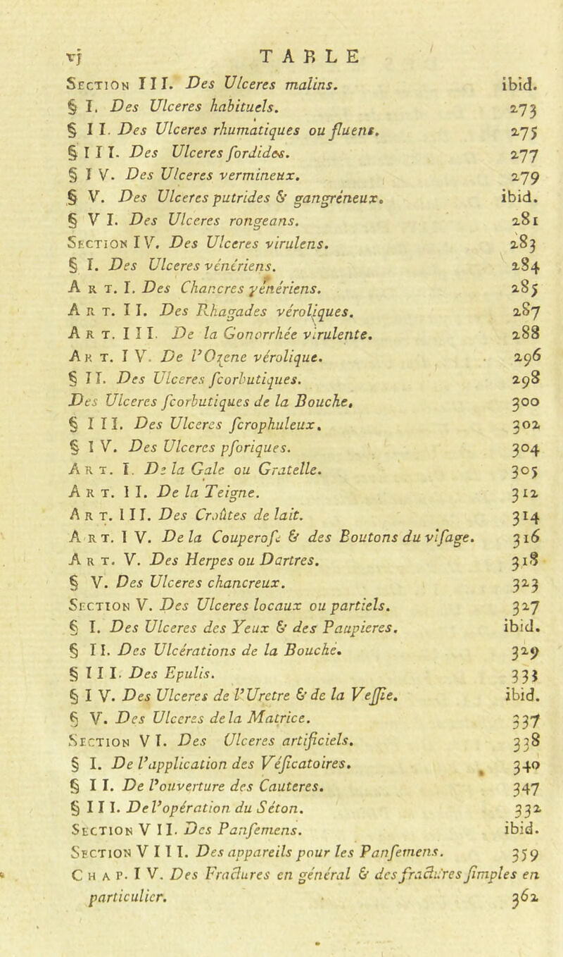 vj TABLE Section III. Des Ulcérés malins. ibid. § I. Des Ulcérés habituels. 273 §11. Des Ulcérés rhumatiques ou fluens. 275 §111. Des Ulcérés fordides. 277 § I V. Des Ulcérés vermineux. 279 § V. Des Ulcérés putrides gangréneux. ibid. § V I. Des Ulcérés rongeons. 281 Section IV. Des Ulcérés virulens. 283 § I. Des Ulcérés vénériens. 284 A r t. I. Des Chancres penériens. 285 Art. II. Des Rkagades véroliques. 2S7 Art. III. De la Gonorrhée virulente. 288 A k t. I V. De l’O^ene vérolique. 296 § 11. Des Ulcérés feorbutiques. 298 Des Ulcérés feorbutiques de la Bouche, 300 § I II. Des Ulcérés fcrophuleux, 302 § I V. Des Ulcères pforiques. 304 Art. I. Delà Gale ou Gratelle. 305 Art. II. De la Teigne. 312 Art. III. Des Croûtes de lait. 314 A rt. I V. Delà Couperof & des Boutons du vifage. 316 Art. V. Des Herpes ou Dartres. 318 § V. Des Ulcérés chancreux. 323 Section V. Des Ulcérés locaux ou partiels. 327 § I. Des Ulcérés des Yeux 6’ des Paupières. ibid. § 11. Des Ulcérations de la Bouché. 329 § 11 I. Des Epulis. 33} § I V. Des Ulcérés de l’Uretre 6' de la Vefjie. ibid. § V. Des Ulcérés delà Matrice. 337 Section V I. Des (Jlceres artificiels. 338 § I. De l’application des Véficatoires. _ 340 § I I. De l’ouverture des Cautères. 347 § 111. Del’opération du Séton. 332 Section V II. Des Panfemens. ibid. Section VIII. Des appareils pour les Panfemens. 359 C h a p. I V. Des Fractures en général & des fractures fimples en particulier. 362