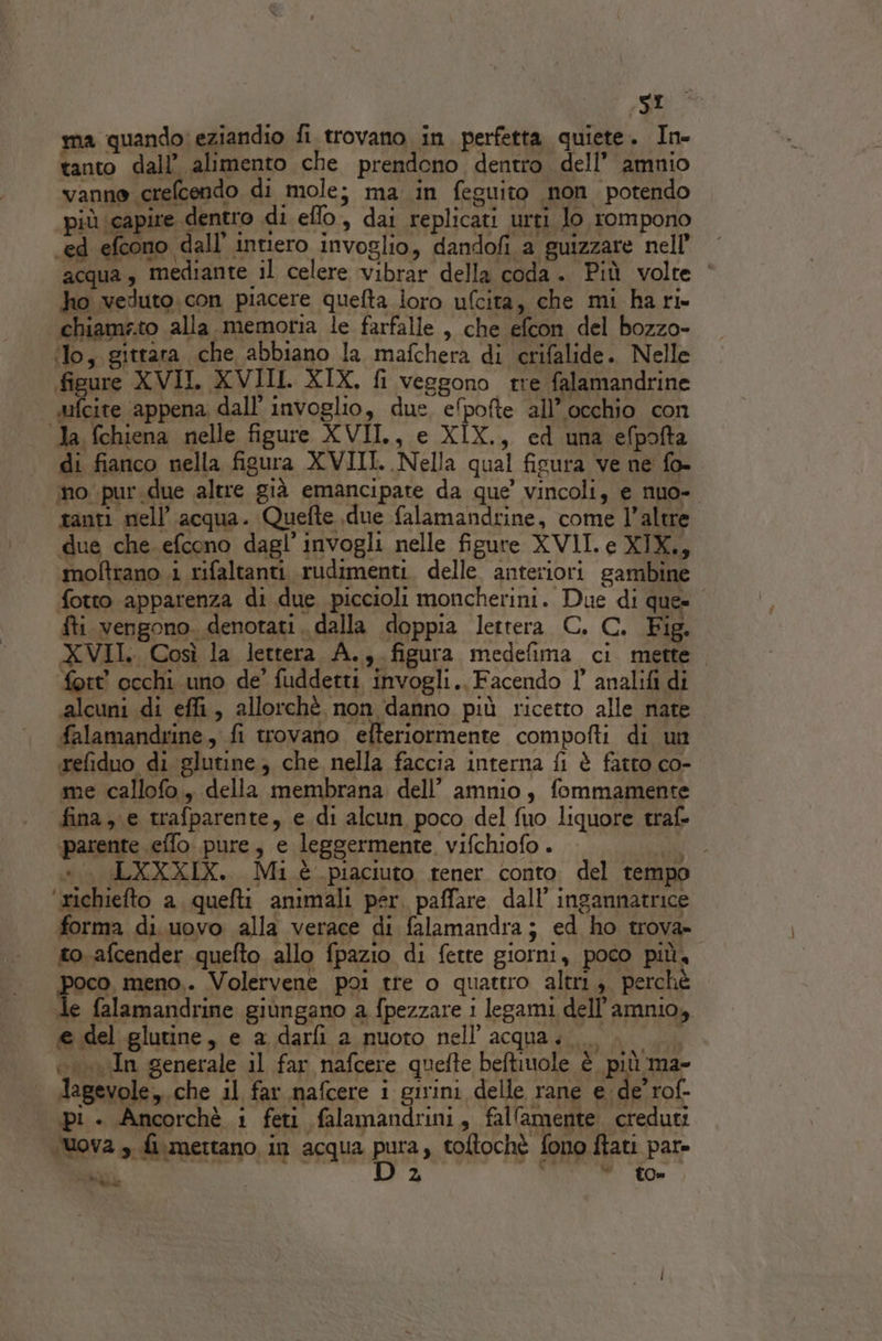sro ma quando: eziandio fi trovano in perfetta quiete. In- tanto dall’ alimento che prendono dentro dell’ amnio vanne crefcendo di mole; ma in feguito non potendo più capire dentro di eflo, dai replicati urti lo rompono ‘ed efcono dall’ intiero invoglio, dandofi a guizzare nell’ acqua, mediante il celere vibrar della coda. Più volte ‘ ho veduto. con piacere quefta loro ufcita, che mi ha ri chiamato alla memoria le farfalle , che efcon del bozzo- ilo, gittara che abbiano la mafchera di crifalide. Nelle figure XVII. XVIII. XIX, fi vesgono rre falamandrine arfcite appena dall’ invoglio, due. efpofte ‘all’ occhio con Ja fchiena nelle figure XVII., e XIX., ed una efpofta di fianco nella figura XVIII. Nella qual figura ve ne fo- mo pur.due altre già emancipate da que’ vincoli, e nuo- tanti nell’ acqua. Quefte due falamandrine, come l’altre due che. efcono dagl’ invogli nelle figure XVII. e XIX., mofltrano i rifaltanti rudimenti. delle. anteriori gambine fotto apparenza di due piccioli moncherini. Due di que» fti vengono. denotati . dalla doppia lettera C. C. Fig. XVII. Così la lettera A., figura medefima ci mette fott' occhi uno de’ fudderti invogli.. Facendo l analifi di alcuni di effi, allorchè non danno più ricetto alle nare falamandrine, fi trovano efteriormente compofti di un refiduo di glutine, che nella faccia interna fl è fatto co- me callofo., della membrana dell’ amnio, fommamente fina, e trafparente, e di alcun poco del fuo liquore traf- parente effo pure, e leggermente, vifchiofo . A +. LXXXIX. Mi è piaciuto tener conto del tempo ‘irichiefto a quefti animali per. paffare dall’ ingannatrice forma di uovo alla verace di falamandra; ed ho trova» to afcender quefto allo fpazio di fette giorni, poco più, poco, meno,. Volervene poi tre o quattro altri, perchè le falamandrine giungano a fpezzare i legami dell’amnio, e del glutine, e a darfi a nuoto nell’ acqua... |. wo iIn generale il far nafcere quefte beftiuole è più ma- Jagevole,.che il far nafcere i girini delle rane e. de’ rof- pi . Ancorchè 1 feti falamandrini, falfamente creduti uova ». fi.mertano in acqua pura, toftochè fono ftati par. ba | Dz SRO To»