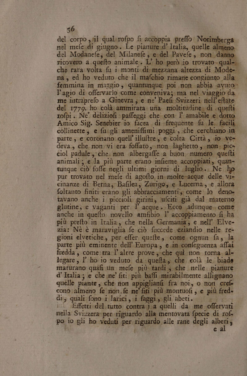 del corpo y sil qualirofpo fi accoppia preffo eni berga nel mefe. di giugno. Le pianure:d*Italia, quelle a del Modanefe; del Milanefe ; e:del. Pavefe, non danno. ricovero a.quefto animale. L° ho però io trovato» qual-.. che rara: volta fu i monti.dismezzana. altezza di Mode» na, ed ho veduto che il mafchio rimane congiunto alla “femmina in maggio, quantunque. poi non abbia «avuro- l’agio di offervarlo «come. conveniva; ma nel viaggio da me intraprefo a (Ginevra ; ‘e ne’ Paelt Svizzeri nell’eftate del 1779. ho colà; ammirata: una. moltitudine. di quefti . Liu Sp Sig Re z n ? o ni di rofpi. Ne’ deliziofi » paffeggi che con I amabile e dotto Amico Sig. Senebier io facea . di «frequente fu le. facili. collinetre, e. fusgli ameniflimi poggi, ;che cerchiano in parte , e coronano: quell illuftre., e colra Città, o ver deva., che, non-vi era foffato non laghetto ,. non. pic« ciol padule:,- che. non albergaffe a buon..numero quefti animali; .e.la più parte erano infieme accoppiati, quan- tunque ciò foffe negli ultimi giorni di duglio.. Ne ho. pur trovato nel mefe di agofto, in.molteracque delle. vi. cinanze di Berna; Bafilea,, Zurigo, e Lucerna, è allora. foltanto finiti erano gli abbracciamenti;; come lo deno» tavano anche i. piccioli. girini, (ufciti già dal materno glutine} .e vaganti per l’ acque. Ecco \adunque» come anche in quefto: novello amfibio. 1’ accoppiamento. fi-ha più prefto.in Italia, che nella Germamia, e nell’ Elve- zia: Nè è maraviglia fe ciò fuccede eziandio nelle re- gioni elvetiche, per effer. quefte, ‘come. ognun fa, la parte più eminente dell’ Europa, e.in confeguenza affai fredda, come:tra l’alete prove ;»che quì non torna. al- legare , l’ ho io veduto da :quelta, che. eolà le, biade maturano quafi un mefe più» tardi, che nelle. pianure d’Italia ; e cheone fiti più bai mirabilmente allignano quelle piante, che non appiglianfi fra noi, o non crefe cono almeno fe non.fe ne fifi: più montuofi, e più fred= di, quali;fono i. larici, i faggi, gli abeti. |. . Effetti del.tutto. contra:j:a quelli da. me offervati nella Sviuzerar per. riguardo alla mentovata fpecie di rof. po 10 gli ho veduti per riguardo alle rane degli allcpei | pf e a