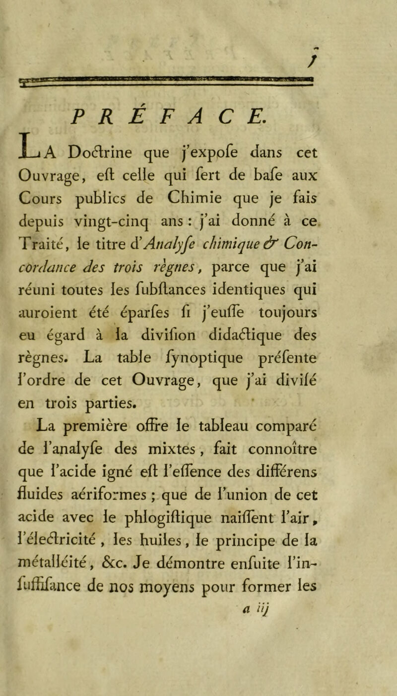 P R É F A CE. La Dodrine que j’expofe dans cet Ouvrage, eft celle qui fert de bafe aux Cours publics de Chimie que je fais depuis vingt-cinq ans : j’ai donné à ce Traité, le titre ^Analyse chimique & Con- cordance des trois règnes, parce que j’ai réuni toutes les fubflances identiques qui auroient été éparfes fi j’eufle toujours eu égard à la divifion didaélique des règnes. La table fynoptique préfente l’ordre de cet Ouvrage, que j’ai divifé en trois parties. La première offre le tableau comparé de l’analyfe des mixtes, fait connoître que l’acide igné eff; l’effence des différens fluides aériformes ; que de riinion de cet acide avec le phlogiftique naiffent l’air, l’éleélricité , les huiles, le principe de la métalléité, &:c. Je démontre enfuite l’iiv- iuffifance de nos moyens pour former les a iij
