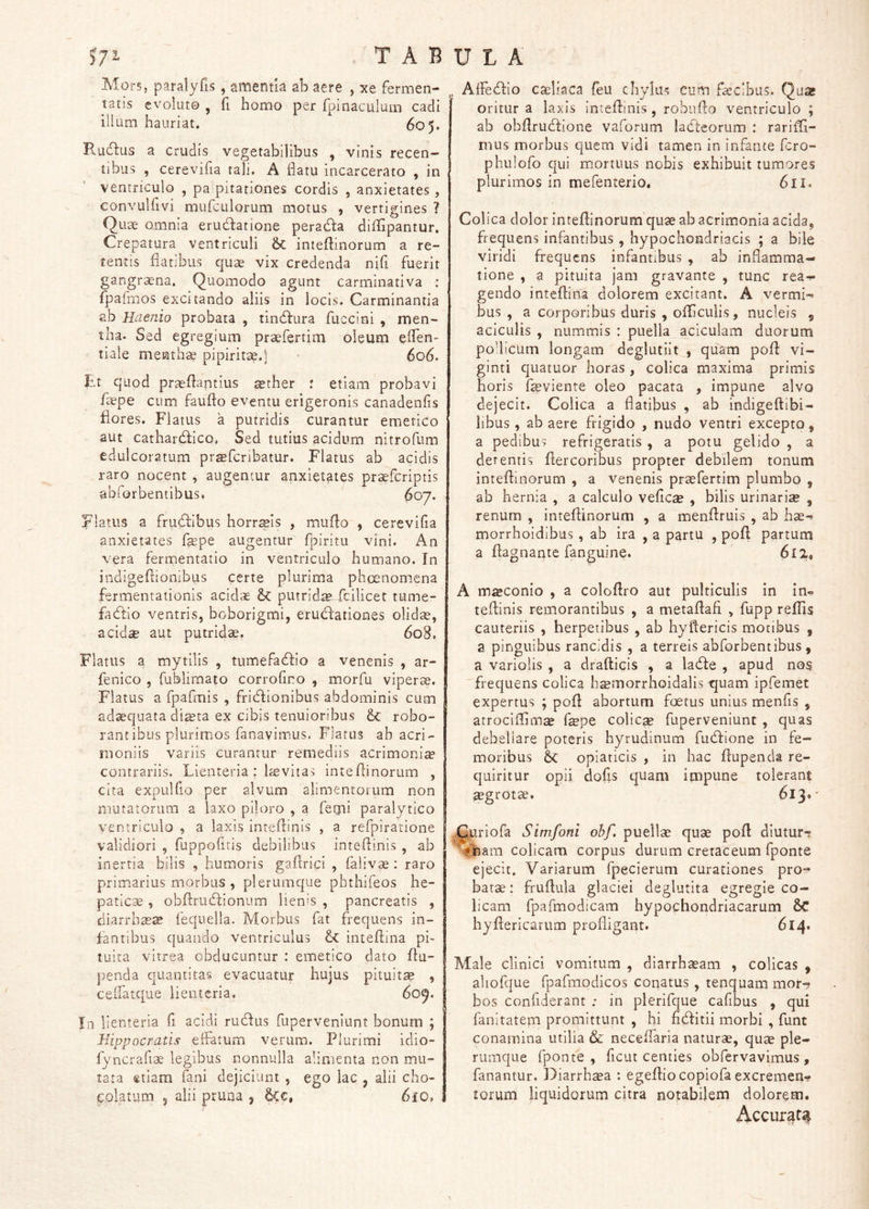 Alors, paralyfis , amentia ab aere , xe fermen- tatis evolute , fi homo per fpinaculum cadi illum hauriat. 605. Rudus a crudis vegetabilibus , vinis recen- tibus , cerevifia tali. A flatu incarcerato , in ventriculo , pa pitationes cordis , anxietates , convulfivi mufcLilorum motus , vertigines ? Quae omnia erudatione perada diflipantur, Crepatura ventriculi &c inteftinorum a re- tentis flatibus quae vix credenda nifi fuerit gangraena. Quomodo agunt carminativa : rpafrnos excitando aliis in locis. Carminantia ab Haenio probata , tindura fuccini , men- tha. Sed egregium praefertim oleum effen- tiale menthae pipiritae.1 606. Rt quod praeflantius ^ther • etiam probavi fsepe cum faufto eventu erigeronis canadenfis flores. Flatus a putridis curantur emetico aut cathardico. Sed tutius acidum nitrofum edulcoratum prsfcribatur. Flatus ab acidis raro nocent , augentur anxietates praefcriptis abforbentibus, ^07. Flatus a frudibus horreis , muflo , cerevifia anxietates fepe augentur fpiritu vini. An vera fermentatio in ventriculo humano. In indigeflionibus certe plurima phoenomena fermentationis acidae & putrida fcilicet tume- fadio ventris, boborigmi, erudationes olidae, acidae aut putridae. 608. Flatus a mytilis , tumefadio a venenis , ar- fenico , fublimato corrofino , morfu viperae. Flatus a fpafmis , fridionibus abdominis cum adaequata diaeta ex cibis tenuioribus 6c robo- rant ibus plurimos fanavim.us. Flatus ab acri- moniis variis curantur remediis acrimoniae contrariis. Lienteria : laevitas inteilinorum , cita expLilfio per alvum alimentorum non mutatorum a laxo piloro , a fegii paralytico ventriculo , a laxis intefhnis , a refpiratione validiori , fuppofiris debilibus inteflinis , ab inertia bilis , humoris gaflrici , falivse ; raro primarius morbus , plerumque phthifeos he- paticae , obflrudionum lienis , pancreatis , diarrh^s fequella. Morbus fat frequens in- fantibus cjuando ventriculus &C inteflina pi' tuita vitrea obducuntur : emetico dato flu- penda quantitas evacuatur hujus pituita , ceifatque lienteria. 609. In lienteria fi acidi rudus fuperveniunt bonum ; Hippocratis eflatum verum. Plurimi idio- fyncrafiae legibus nonnulla alimenta non mu- tata «tiam fani dejiciunt , ego lac , alii cho- ColatLim 5 alii pruna , 6cc, 6iO, AiFedio caeliaca feu chylus cum faecibus. Qu^e oritur a laxis inteflinis, robuflo ventriculo ; ab obflrudione vaforum ladeorum : rarifli- mus morbus quem vidi tamen in infante fero- phulofo c|ui mortuus nobis exhibuit tumores plurimos in mefenterio. 6II. Colica dolor inteflinorum quae ab acrimonia acida, frequens infantibus , hypochondriacis ; a bile viridi frequens infantibus , ab inflamma- tione , a pituita jam gravante , tunc ita-r- gendo inteflina dolorem excitant. A vermi-, bus , a corporibus duris , ofliculis, nucleis , acicLilis , nummis : puella aciculam duorum podicum longam deglutiit , quam pofl vi- ginti quatuor horas , colica maxima primis horis feviente oleo pacata , impune alvo dejecit. Colica a flatibus , ab indigeftibi- libus, ab aere frigido , nudo ventri excepto, a pedibus refrigeratis , a potu gelido , a detentis flercoribus propter debilem tonum inteflinorum , a venenis praefertim plumbo , ab hernia , a calculo veficcB , bilis urinaria , renum , inteflinorum , a menflruis , ab hae- morrhoidibus , ab ira , a partu , pofl partum a flagnante fanguine. 612, A meconio , a coloflro aut pulticulis in in- teftinis remorantibus , a metaflafi , fupp reflis cauteriis , herpetibus , ab hyftericis motibus , a pinguibus rancidis , a terreis abforbentibus , a varioiis , a drafticis , a lade , apud nos frequens colica ba?morrboidalis tjuam ipfemet expertus ; pofl abortum foetus unius menfis , atrociflim^ fepe colic^ fuperveniunt , quas debellare poteris hyrudinum fudione in fe- moribus &c opiaticis , in hac flupenda re- quiritur opii dofis quam impune tolerant ^grotae. 613, ^iiriofa Simfoni ohf, puellae quae pofl d!utur-f >'nam colicam corpus durum cretaceum fponte ejecit. Variarum fpecierum curationes pro- batae : fruflula glaciei deglutita egregie co- licam fpafmodicam hypochondriacarum byflericarum profligant. 614. Male clinici vomitum , diarrhaeam , colicas , aliofque fpafmodicos conatus , tenquani mor-? bos confiderant ; in plerifque cafibus , qui fanitatem promittunt , hi fiditii morbi , funt conamina utilia & neceflaria naturae, quae ple- rumque fponte, ficut centies obfervavimus , fanantur. IDiarrb^a ; egeflio copiofa excremea? torum liquidorum citra notabilem dolorem. Accurat^