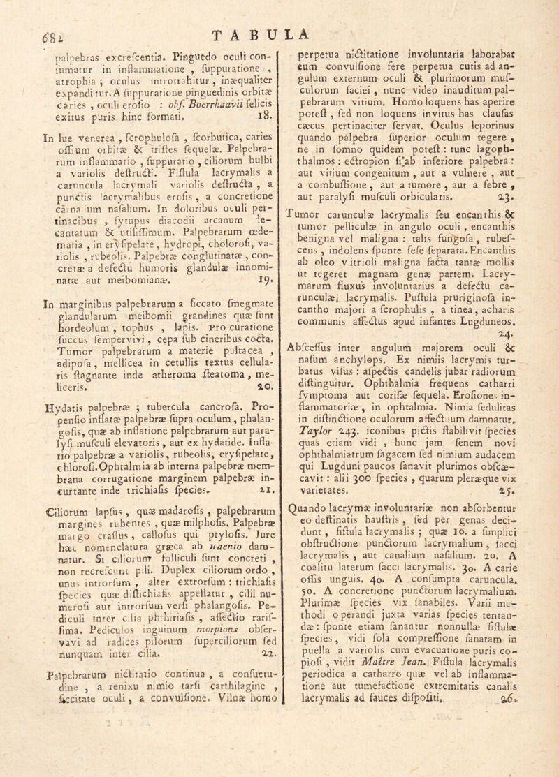 palpebras excrefcentia. Pinguedo oculi con- iumatur in inflammatione , fiippuratione , atrophia ; oculus introtrahitur , in^qualiter e}^pandi tur. A Tuppuratione pinguedinis orbitae caries , oculi eroho : obf. Bocrrkaavii felicis exitus puris hinc formati. l8. In lue Venerea , fcrcphulofa , fcorbutica, caries offium orbitae hi trifles fequelae. Palpebra- rum inflammatio , fuppurario , ciliorum bulbi a vari olis deffrudfi. Fifliila lacry malis a > caruncula lacrymali variolis deflrudfa , a pun<fl:is 'acrymalibus ercfis , a concretione caina him nafalium. In doloribus oculi per- tinacibus , fytupus diacodii arcanum ^de- cantatum Sc utiliflimum. Palpebrarum oede- ir.atia , in eryfpelate, hydropi, cholorofi, va- riolis , rubeolis. Palpebrae conglutinatae , con- creta a defedfu hum.oris glandula innomi- natae aut meibomianae. 19* In marginibus palpebrarum a ficcato (megmate glandularum meibomii grandines quae funt hordeolum , tophus , lapis. Pro curatione fuccus fempervivi, cepa fub cineribus cotffa. Tumor palpebrarum a materie pultacea , adipofa , mellicea in cetullis textus cellula- ris flagnante inde atheroma ileatoma , me- liceris. 2.0, Hydatis palpebri ; tubercula cancrofa. Pro- penfio inflatae palpebrse fupra oculum , phalan- gofis, qiiSE ab inflatione palpebrarum aut para- lyfi mufculi elevatoris, aut ex hydatide. Infla- tio palpebra? a variolis, rubeolis, eryfipelate, chlorofl.pphtalmia ab interna palpebrae mem- brana corrugatione marginem palpebrae in- curtante inde trichiafis fpecies* il. Ciliorum lapfus , qu$ madarofis , palpebrarum margines rubentes , qua? milphofis. Palpebrae margo craflus , callofus qui ptylofis. Jure haec nomenclatura graeca ab naenio dam- natur. Si cilioruirr folliculi funt concreti , non recrefcunt piH* Duplex ciliorum ordo , unus introrfum , alter extrorfum : trichiafis fpecies quae diftichia£s appellatur , cilii nu- merofi aut introrfum verfi phalangofis. Pe- diculi inter c lia phuiiriafis , affedio rarif- ftma. Pediculos inguinum morpions obfer- vavi ad radices pilorum fuperciliorum fcd nunquam inter cilia. 2.2. perpetua nitffitatione involuntaria laborabat eum convulfione fere perpetua cutis ad an- gulum externum oculi plurimorum muf- culorum faciei , nunc video inauditum pal- pebrarum vitium. Homo loquens has aperire potefl: , fed non loquens invitus has claufas caecus pertinaciter fervat. Oculus leporinus quando palpebra fuperior oculum tegere , ne in fomno quidem potefl : tunc lagoph- thalmos ; edlropion fi*ab inferiore palpebra: aut vitium congenitum , aut a vulnere , aut a combuflione, aut a rumore , aut a febre , aut paralyfi mufculi orbicularis. 23. Tumor carunculae lacrymalis feu encanthis & tumor pelliculae in angulo oculi , encanthis benigna vel maligna : talis fungofa, rubef- cens , indolens fponte fefe feparata. Encanthis ab oleo vitrioli maligna fadfa tant^ mollis ut tegeret magnam genae partem. Lacry- marum fluxus involuntarius a defedlu ca- runculaei lacrymalis. Puflula pruriginofa in- cantho majori a fcrophulis , a tinea, acharis communis afFedlus apud infantes Lugduneos, 24. Abfceflus inter angulum majorem oculi 6c nafum anchylops. Ex nimiis lacrymis tur- batus vifus : afpedlis candelis jubar radiorum diftinguirur. Ophthalmia frequens catharri fymptoma aut corifae fequela. Erofione^ in- flammatoriae , in ophtalmia. Nimia fedulitas in diflindlione oculorum affedf jum damnatur,. Taylor 243. iconibus pidfis flabilivit fpecies quas etiam vidi , hunc jam fenem novi ophthalmiatrum fagacem fed nimium audacem qui Lugduni paucos fanavit plurimos obfcae- cavit : alii 300 fpecies , quarum pleraque vix varietates. 2.5, Quando lacrtymae involuntariae non abforbentur eo deftinatis hauflris , fed per genas deci- dunt, fiflula lacrymalis ; qu^ 10. a fimplici obflrudlione pundlorum lacrymalium , facci lacrymalis , aut canalium nafalium. 20. A coalitu laterum facci lacrymalis. 30. A carie offis unguis. 40. A confumpta caruncula. 50. A concretione pundforum lacrymalium. Plurimae fpecies vix fanabiles. Varii me- thodi operandi juxta varias fpecies tentaii- dae ; fponte etiam fanantur nonnulla flflulae fpecies, vidi fola compreflione fanatam in puella a variolis cum evacuatione puris co- piofi , vidit Mattre /e^n. Fiflula lacrymalis periodica a catharro quae vel ab inflamma- tione aut tumefadfione extremitatis canalis lacrymalis ad fauces difpoflti,