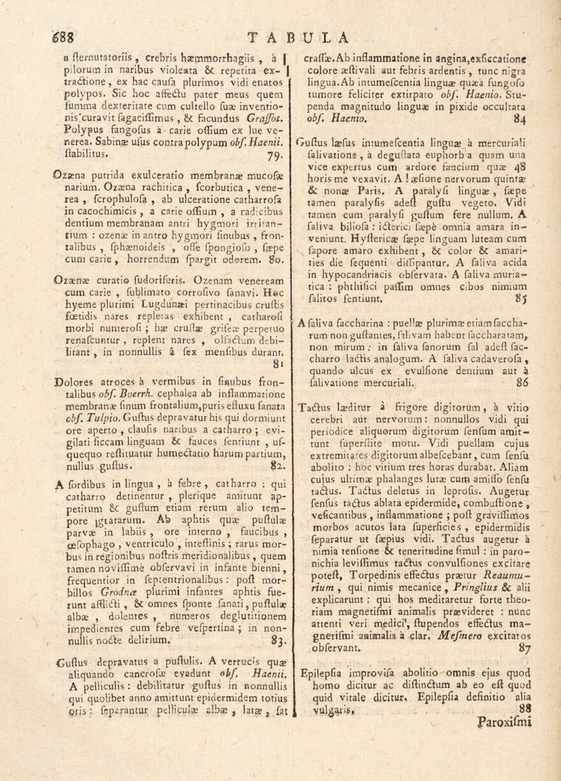 a fterniitatoriis , crebris haemmorrhagiis , a | pilorum in naribus violeiata repetita ex- | tradtione , ex hac caufa plurimos vidi enatos polypos. Sic hoc affediu pater meus quem fumma dexteritate cum cultello fuae inventio- nis^curavit fagaciffimus, facundus Grajfot. polypus fangofus a carie offium ex lue Ve- nerea. Sabina? uius contr a polypum obfHaenii. ftabilitus. Oz^na putrida exulceratio membrana mucofe narium. Ozaena rachitica , fcorbutica , vene- rea , fcrophulofa , ab ulceratione catharrofa jn cacochimicis , a carie offium , a radicibus dentium membranam antri hygmori irritan- tium : ozen^ in antro hygmori finubus , fron- talibus , fphaenoideis , offe fpongiofo , fa?pe cum carie, horrendum fpargit odorem. Bo, Ozaense curatio fudoriferis. Ozenam veneream cum carie , fublimato corrofivo fonavi. H@c hyeme plurimi Lugdun^i pertinacibus cruftis foetidis nares repletas exhibent , catharofi ! morbi nunierofi ; h^ crull^ grifese perpetuo renafcuntur , replent nares , olfadfurn debi- litant j in nonnullis a fex menfibus durant. 8i Dolores atroces a vermibus in finubus fron- talibus obf, Boerrh. cephalea ab inflammatione membranae finum frontaliUmjpuris efluxu fanata chf. Tiilpio. Guftus depravatur his qui dormiunt ore aperto , claufis nanbus a catharro j evi- gilati ficcam linguam &; fauces fentiunt , uf- quequo reftitiiatur humecfatip harum partium, nullus guftus. §2. A fbrdibus in lingua , a febre , catharro : qui catharro detinentur , plerique amitunt ap- petitum ^ guftum etiam rerum alio tem- pore igiatarum. Ab aphtis quae puftulae parvae in labiis , ore interno , faucibus , Gefophago , ventriculo , inteftinis; rarus mor- bus in regionibus noftris meridionalibus, quem tamen noviffime obfervavi in infante bienni, frequentior in feprentrionalibus: poft mor- billos Grodna plurimi infantes aphtis fue- runt affiidfi , & omnes fponte fanati, puftulae albae , dolentes , numeros deglutitionem impedientes cum febre vefpcrtina ; in non- nullis nodbe delirium. 83. Guftus depravatus a puftiilis. A verrucis qu$ aliquando cancrofae evadunt &bf. Haemi. A pelliculis : debilitatur guftus in nonnullis qui quolibet anno amittunt epidermidem totius piis: feparantur pelliculae alb® , lat^ 3 < craftae. Ab inflammatione in angina,exficcatione colore aeftivali aut febris ardentis , tunc ni£ra lingua. Ab intumefcentia lingua quaea fungofo tumore feliciter extirpato obf. Haenio, Stu- penda magnitudo linguae in pixide occultata obf. Haenio, 84 Giifius laefus intumefceiitia lingii® a mercuriali falivatione , a deguftata euphorb a quam una vice expertus cum ardore fa-acium quse 48 horis me vexavit. A ! ^fione nervorum quintg? & nons Paris, A paralyfi lingua , faepe tamen paralyfis adeft guftu vegeto. Vidi tamen cum paralyfi guftum fere riullum, A faliva biliola : idterici faepe omnia amara in- veniunt. Hyftericas fepe linguam luteam cum ^ fapore amaro exhibent , &C color &c amarim ties die fequenti diffipantur, A faliva acida in hypocandriacis obfervata. A faliva muria- tica : phthifici pafifim omnes cibos nimium falitos fentiunt. 85 A faliva faccharina ; puellse plurimx etiam faccha- rum non guftantes, fallvam habent faccharatam, non mirum ; in faliva fanorum fal adeft fac- charro ladfis analogum. A faliva cadaverofa , quando ulcus ex evulfione dentium aut a falivatione mercuriali. 86 Tadfus Ixditur a frigore digitorum, a vitio cerebri aut nervorum: nonnullos vidi qui periodice aliquorum digitorum fenfum amit- tunt fuperftite motu. Vidi puellam cujus extremitates digitorum albefcebant, cum fenfu abolito : hoc vitium tres horas durabat. Aliam cujus ultimae phalanges lutae cum amiffo fenfu tadfus. Tadfus deletus in leprofis. Augetur fenfus talius ablata epidermide, combuftione , veficantibiis, inflammatione ; poft graviftimos morbos acutos lata fuperficies , epidermidis feparatur ut faepius vidi, Tatftus augetur k nimia tenfione &C teneritudine fimul : in paro- nichia leviftimus tatftus convulfiones excitare poteft, Torpedinis effedtus praetur Reaumu-^ rium , qui nimis mecanice, Pringlius & alii explicarunt : qui hos meditaretur forte theo^ riam magnetifmi animalis prsevideret : nunc attenti veri medicP, ftupendos effetftus ma- gnetifmi animalis a clar. Mefmero excitatos obfervant. 87 Epilepfia improvlfa abolitio omnis ejus quod homo dicitur ac diftindfum ab eo eft quod quid vitale dicitur. Epilepfia definitio alia , vulgaris, 88 Paroxifnii