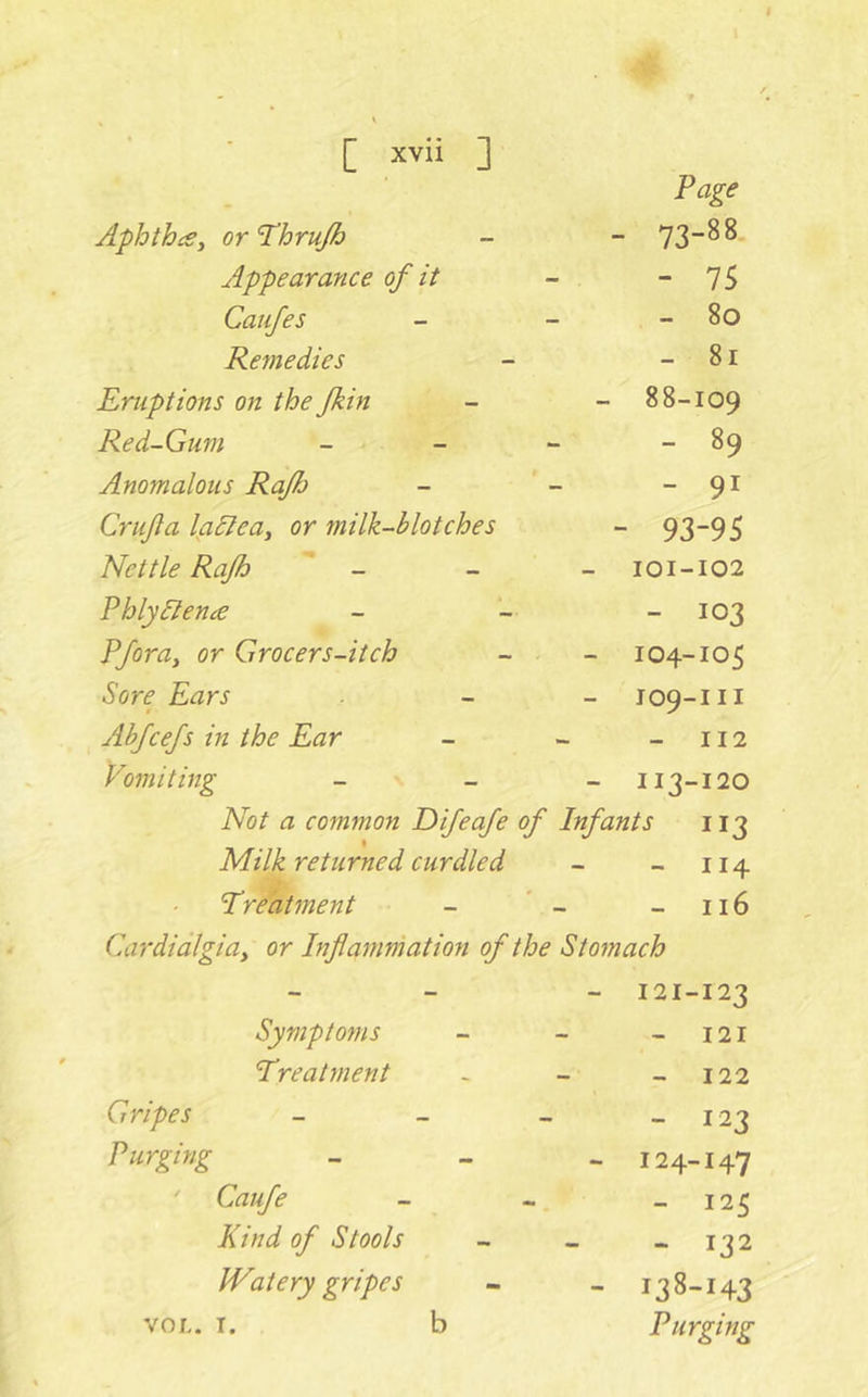 Page Aphthce^ or Thrujh - 73-88- Appearance of it - 75 Caufes - 80 Remedies - 81 Eruptions on the Jkin - 88-109 Red-Gum - 89 Anomalous Rajh - 91 Crufa ladlea, or 7nilk-blotches - 93-95 Nettle RaJh - 101-102 Phly Bence - 103 Pforay or Grocers-itch - 104-105 Sore Ears $ 109-111 Abfcefs in the Ear -112 Vomiting - 113-120 Not a common Difeafe of Infants 113 Milk returned curdled - 114 Treatment -116 Ca7‘dialgiay or Inflammation of the Stomach - - 121-123 Symptoms - 121 Treatment - 122 Gripes - 123 Purging - 124-147 ' Caufe - 125 Kind of Stools - 132 Watery gripes - 138-143 VOL. T. b Purging