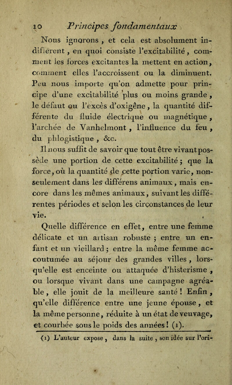 Nous ignorons , et cela est absolument iii- difîérent , en quoi consiste Texcitabilité, com- ment les forces excitantes la mettent en action, comment elles raccroissent ou la diminuent. Peu nous importe qu’on admette pour prin- cipe d’une excitabilité plus ou moins grande , le défaut ou l’excès d’oxigêne, la quantité dif- férente du fluide électrique ou magnétique, i’arcbée de Vanhelmont , l’influence du feu , du plilogistique , dcc. Il nous suffit de savoir que tout être vivant pos- sède une portion de cette excitabilité ; que la force, où la quantité de fette portion varie, non- seulement dans les différens animaux, mais en- core dans les mêmes animaux, suivant lés diffé- rentes périodes et selon les circonstances de leur vie. Quelle différence en effet, entre une femme délicate et un artisan robuste 5 entre un en- fant et un vieillard ; entre la même femme ac- coutumée au séjour des grandes villes , lors- qu’ielle est enceinte ou attaquée d’bislerisme , ou lorsque vivant dans une campagne agréa- ble, elle jouit de la meilleure santé! Enfin, qu’elle différence entre une jeune épouse , et la même personne, réduite à un état de veuvage, et courbée sous le poids des années! (1). &lt;i) L’auteur expose, dans la suite , son idée sur Pori-