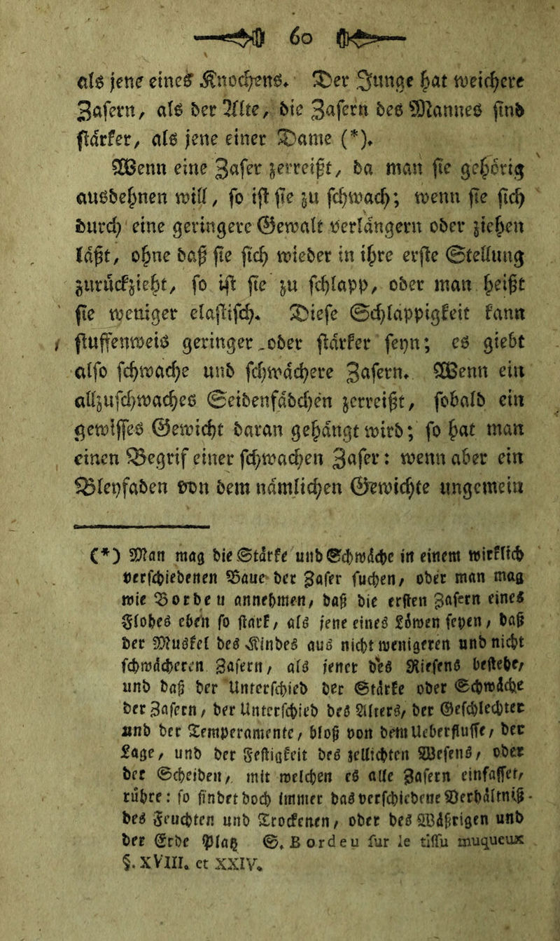 — PR ee ftärfer, als jene einer Dame (*). ausdehnen will, ſo iſt ſie zu ſchwach; wenn ſie ſich pP} zuruͤckzieht, fo. iſt fie zu ſchlapp, oder man. heiße ſie weniger elaſtiſch. Diefe Schlappigkeit kann ſtufſenweis geringer _oder ftärfer ſeyn; es giebt gewiſſes Gewicht daran gehängt wird; fo bat man einen Begrif einer ſchwachen Zafer: wenn aber ein Bleyfaden von dem nämlihen Gewichte ungemein  Flohes eben fo ſtark, als jene eines Loͤwen ſeyen, daß ſchwaͤcheren Zaſern, als jener des Rieſens befteber und der Temperamente, bloß von dem Ueberfluſſe, der Lage, und der Feſtigkeit des zellichten Weſens, oder dee Scheiden, mit welchen es alle Zaſern einfaſſet, des Feuchten und Trockenen, oder des Waͤßrigen und