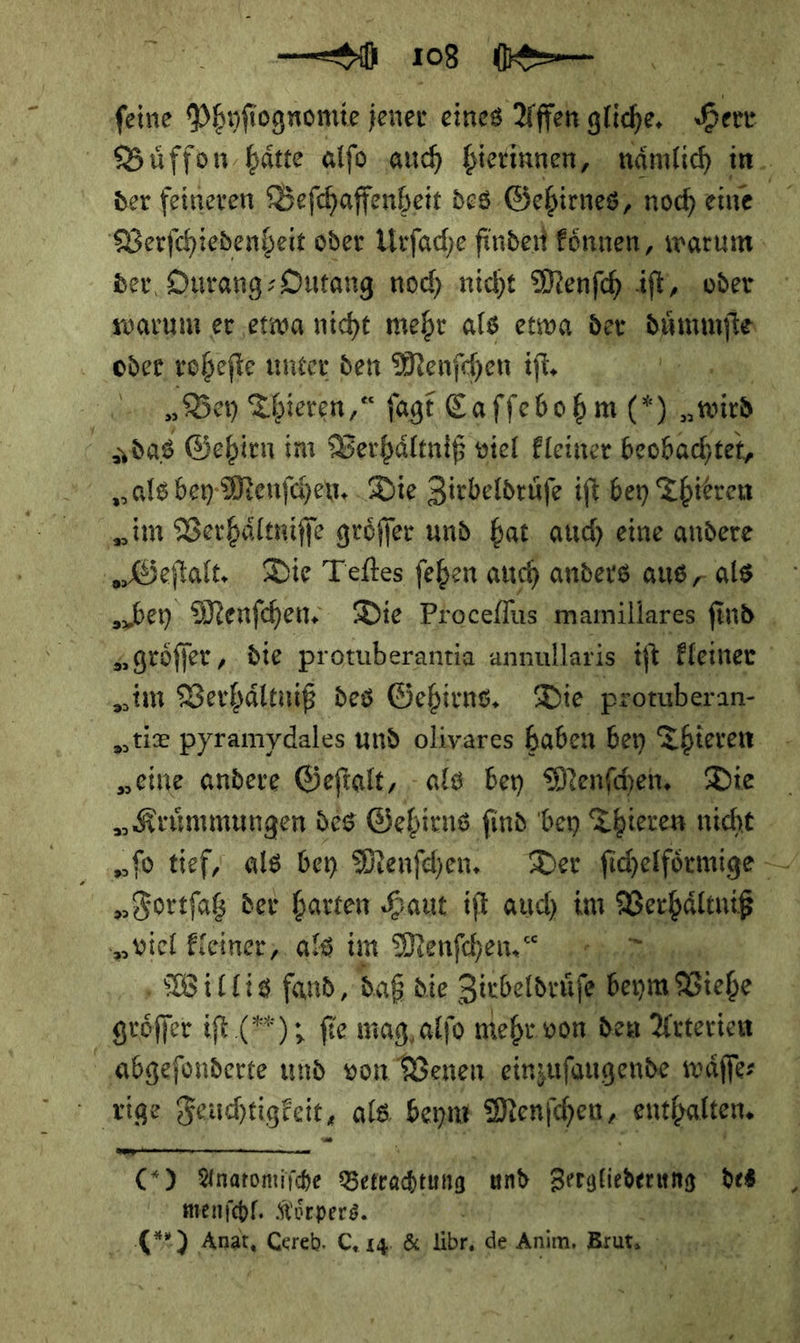 Büffon. hätte alfo auch bierinnen, nämlich in der feineren Beſchaffenheit des Gehirnes noch eine Verſchiedenheit oder Urſache finden koͤnnen, warum der, Ourang⸗Outang noch nicht Menſch iſt, oder oder, vohefte unter den Menfchen iſt. —2 „Ber Thieren,“ fagt Caffebobm (*) wird Idas Gehien im Verhaͤltniß viel kleiner beobachtet, als bey Menſchen. Die Zirbeldruͤſe iſt bey Thieren „in Verhältniffe groͤſſer und bat auch eine andere „ber Menſchen. Die Procellus mamillares find . „geöffer,, die protuberantia annullaris iſt kleiner „il Verhältuiß des Gehirns, Die protuber an⸗ „eine andere Geftalt, - als bey Menfhen Die Kruͤmmungen des Gehirns find bey Thieren nicht „Fortſatz der harten Haut. ift auch im Verhaͤltniß „viel kleiner, als im Menſchen ; ‚Willis fand, daß die Zirbeldruͤſe beym Biehe gröffer ift.C*); fie mag,alfo mehr. von deu Arterien abgeſonderte und von Venen, einzufaugende waͤſſe⸗ ige Seuchtigkeit, als beym Menſchen, enthalten. — — — (*) Anatomiſche ——— und Zergliederung we menſchl. Körpers. ‘ A