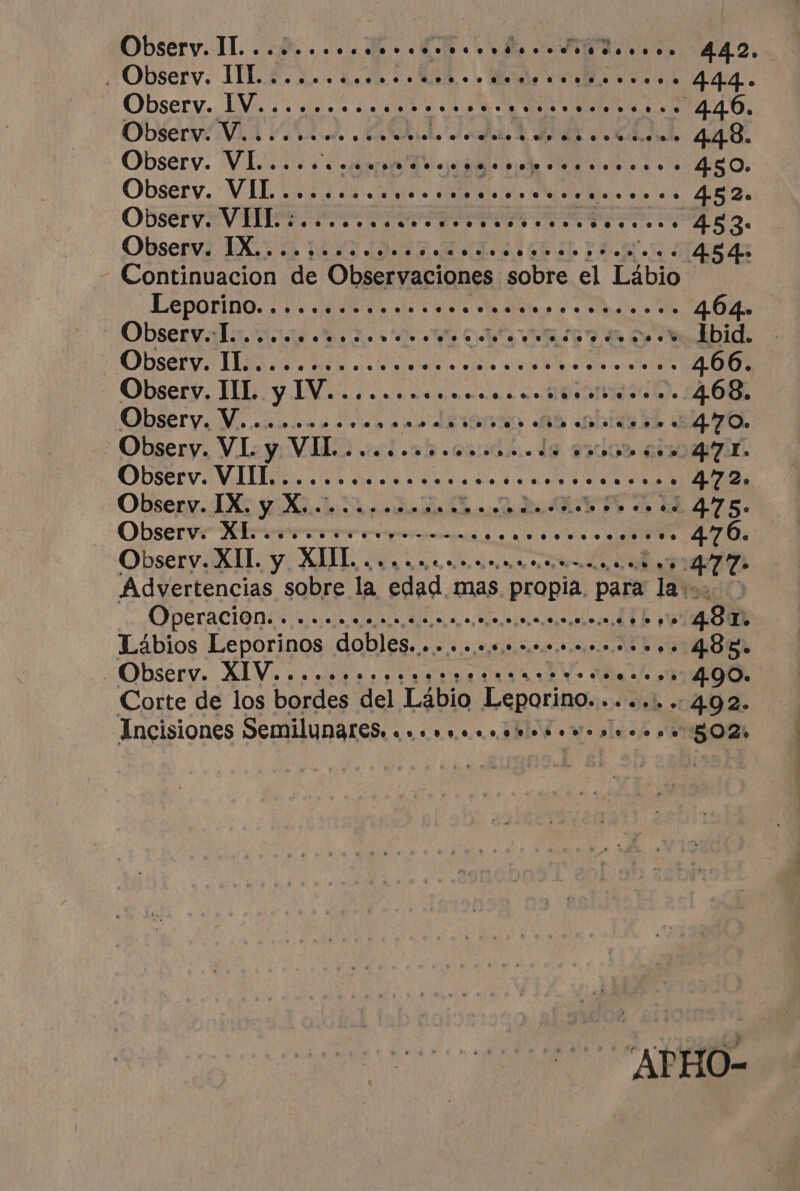 Observ. IA EUR A ol. DURS MAA 444. Observ. IV......... CADRE D TOO TARO ‘446. Observi Vid SE o DAR O fio RATE cé 448. Observ. VI .... den A A RE le de + 450. Observ. VIL......... soso ces ARE 452. Observ. Mi ee Det à A Observa EXT MAT A ET PRA | - Continuacion de Observaciones sobre el Lábio :Leporino. ....«¿0os ole soe. ol Suns ose e 464. Observalo. nine 5. den CAS EN A y e delle A A A ee 466. Observ. III. y IV A AIR ps e ia. 14108 QbaeryiWi ii. ESS ne ISO + as .chias 55 24-70. Obsery. VI. y VIL id ah cruda de 97102 6109 ODSErv VIE TRE Meat TS DR AE ee 472. Obserg. IX Ade rod ad de © SR AT. Observer an ce 476. Observ. XII. y XIIL. ... nee, RAT ATT Advertencias sobre la edad mas propia para lat: © e AODETACION ES e aseo ala ijos dá E DAC LEE S 48 To Lábios Leporinos dobles.....ssss.ses....,. 488. Observ. XIV.....oooooooorocrorarornso e... 400. Corte de los bordes del Lábio nos ses. + 402. Incisiones Semilunares. « «+ » ee «.» 8 le à eve so... BOZ» APHO-