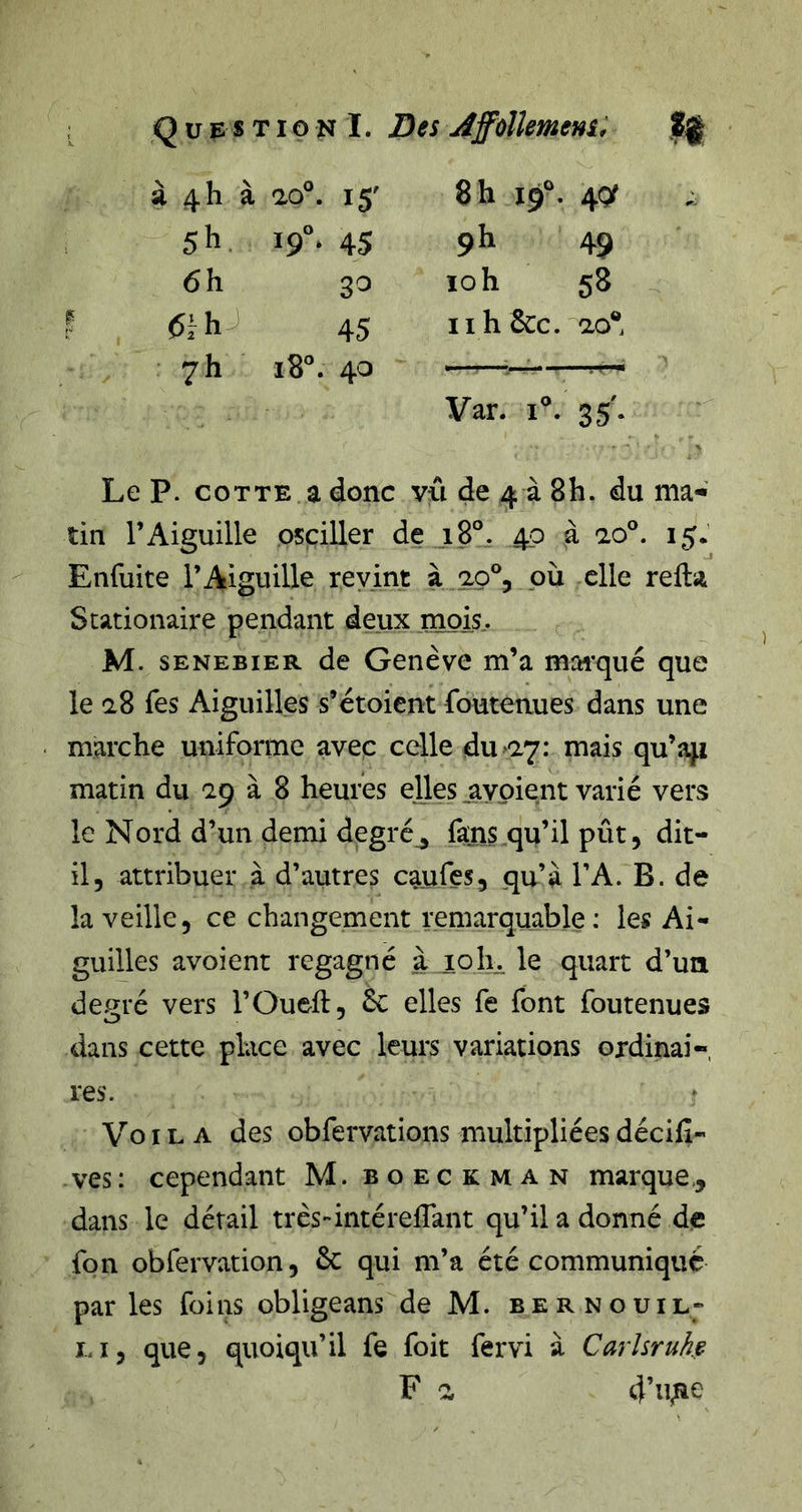 ■ 4^ à ■20®. 15' 8 h 19“. 40f 5h, 19“. 45 9h 49 6h 33 loh 58 45 iih &amp;c. 20* 7h 18®. 40 Var. 1®. 35'- Le P. COTTE a donc vû de 4 à 8h. du ma-*' tin l’Aiguille osciller de 18°. 40 à 10°. 15. Enfuite l’Aiguille revint à où elle refta Stationaire pendant deux mois. M. sENEBiER de Genève m’a mai'qué que le 2,8 Tes Aiguilles s’étoient foutenues dans une marche uniforme avec celle du‘-27: mais qu’agi matin du 29 à 8 heures eUes aypient varié vers le Nord d’un demi degré^ fans qu’il pût, dit- il, attribuer à d’autres caufes, qu’à TA. B. de la veille, ce changement remarquable: les Ai- guilles avoient regagné à 10lu le quart d’un degré vers l’Oueft, 6c elles fe font foutenues dans cette place avec leurs variations ordinai- res. Voila des obfervations multipliéesdécifî- ves: cependant M. boeckman marque,, dans le détail très-intéreflant qu’il a donné de fpn obfervation, ôc qui m’a été communiqué par les foins obligeans de M. bernouil- Li, que, quoiqu’il fe foit fervi à Carhruke F 2