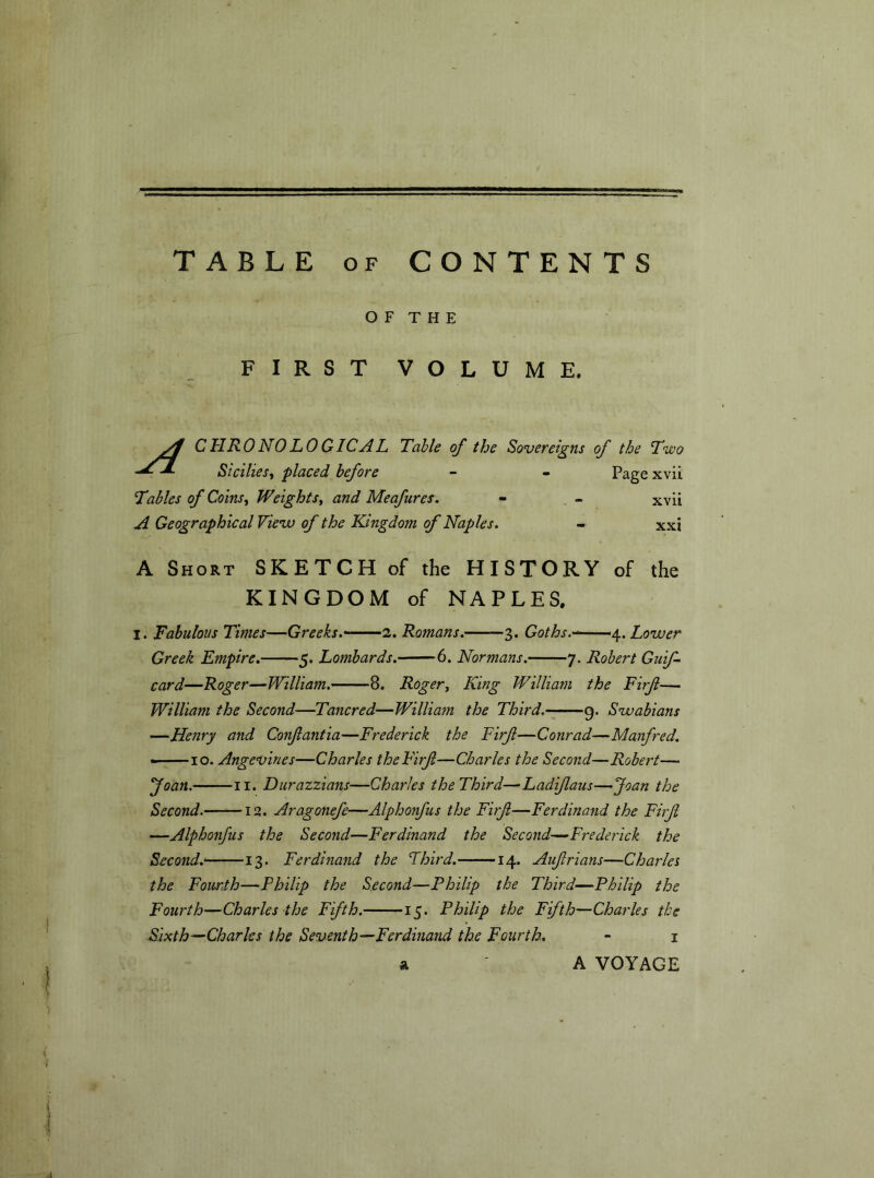 TABLE of CONTENTS O F T H E FIRST VOLUME. yf CHRONOLOGICAL Table of the Sovereigns of the Two Sicilies, placed before - - Page xvii Tables of Coins, Weights, and Meafures. A Geographical View of the Kingdom of Naples. XVU xxi A Short SKETCH of the HISTORY of the KINGDOM of NAPLES. I. Fabulous Times—Greeks■■ 1. Romans. 3. Goths.- 4. Lower Greek Empire. 5. Lombards. 6. Normans. 7. Robert Gu 'if card—Roger—William. 8. Roger, King William the Firf— William the Second—Tancred—William the Third. 9. Swabians —Henry and Confantia—Frederick the Firf—Conrad—Manfred. « 10. Angevines—Charles the Firf—Charles the Second—Robert— foan. 11. Durazzians—Charles theThird—Ladifaus—Joan the Second. 12. Aragonefe—Alphonfus the Firf—Ferdinand the Firf —Alphonfus the Second—Ferdinand the Second—Frederick the Second. 13. Ferdinand the Third. 14. Aufrians—Charles the Fourth—Philip the Second—Philip the Third—Philip the Fourth—Charles the Fifth. 15. Philip the Fifth—Charles the Sixth—Charles the Seventh—Ferdinand the Fourth. - 1 a ' A VOYAGE