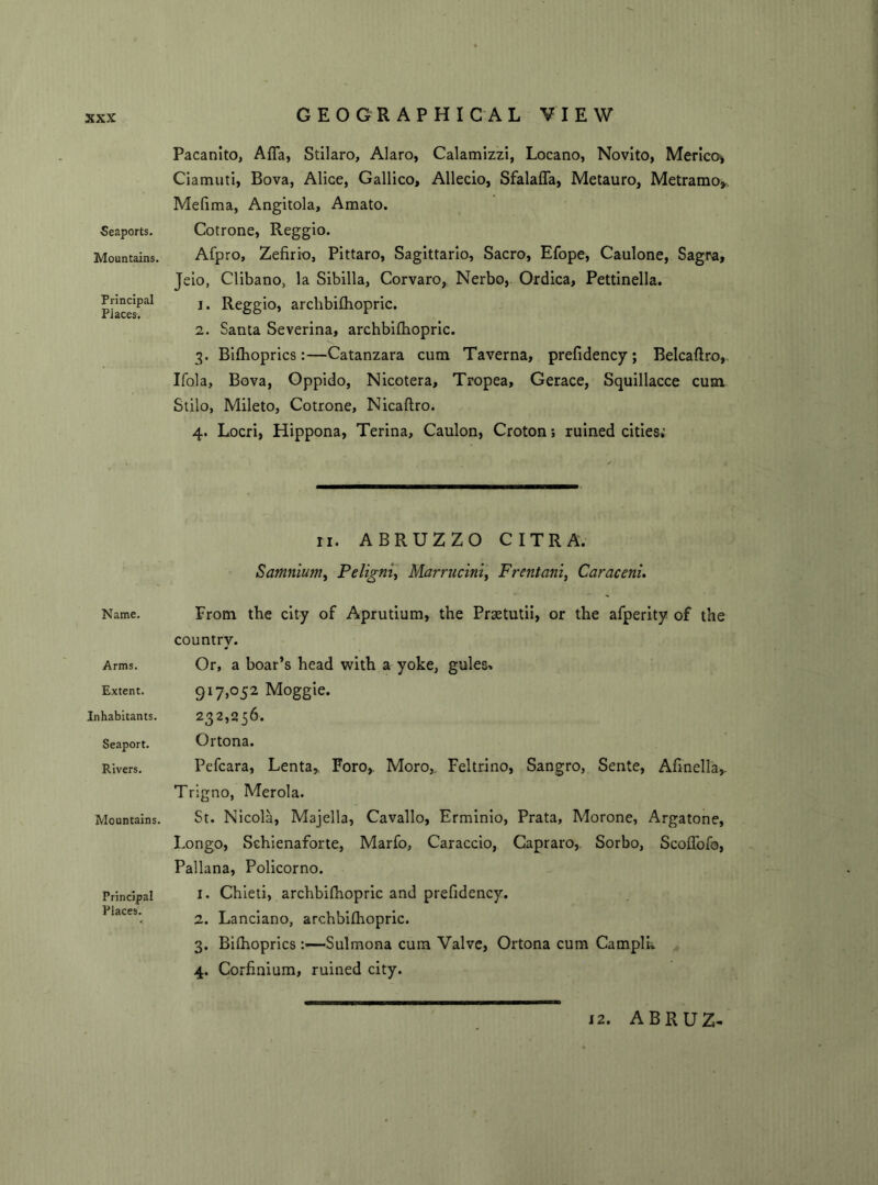 Seaports. Mountains. Principal Places. Name. Arms. Extent. Inhabitants. Seaport. Rivers. Mountains. Principal Places. Pacanito, AfTa, Stilaro, Alaro, Calamizzi, Locano, Novito, Merico, Ciamuti, Bova, Alice, Gallico, Allecio, Sfalafla, Metauro, Metramo* Mefima, Angitola, Amato. Cotrone, Reggio. Afpro, Zefirio, Pittaro, Sagittario, Sacro, Efope, Caulone, Sagra, Jeio, Clibano, la Sibilla, Corvaro, Nerbo, Ordica, Pettinella. 1. Reggio, archbifhopric. 2. Santa Severina, archbifhopric. 3. Bifhoprics:—Catanzara cum Taverna, prefidency; Belcaftro,, Ifola, Bova, Oppido, Nicotera, Tropea, Gerace, Squillacce cum Stilo, Mileto, Cotrone, Nicaftro. 4. Locri, Hippona, Terina, Caulon, Croton; ruined cities,' 11. ABRUZZO CITRA. Samnium, Peligni, Marrucini, Frentani, Caraceni. From the city of Aprutium, the Praetutii, or the afperity of the country. Or, a boar’s head with a yoke, gules, 917,052 Moggie. 232,256. Ortona. Pefcara, Lenta* Foro, Moro, Feltrino, Sangro, Sente, Afinella* Trigno, Merola. St. Nicola, Majella, Cavallo, Erminio, Prata, Morone, Argatone, Longo, Schienaforte, Marfo, Caraccio, Capraro,. Sorbo, Scoffofo, Pallana, Policorno. 1. Chieti, archbifhopric and prefidency. 2. Lanciano, archbifhopric. 3. Bifhoprics :—Sulmona cuin Valve, Ortona cum CamplL 4. Corfinium, ruined city. 12. ABRUZ-