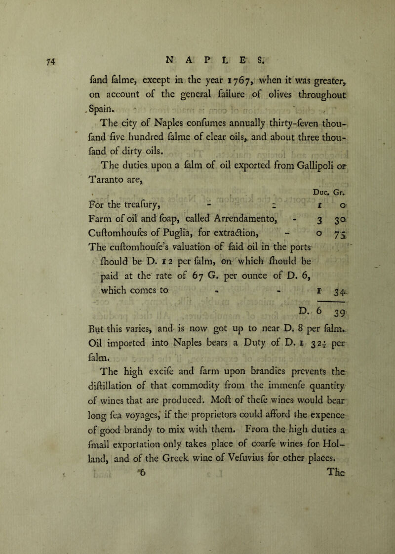 fand falme, except in the year 1767, when it was greater* on account of the general failure of olives throughout . Spain. * , The city of Naples confumes annually thirty-feven thou- fand five hundred falme of clear oils, and about three thou- fand of dirty oils. The duties upon a film of oil exported from Gallipoli or Taranto are, , , , Due. Gr. For the treafury, - ; 1 o Farm of oil and foap, called Arrendamento, - 330 Cuftomhoufes of Puglia, for extraction, - o 75 The cuftomhoufe’s valuation of faid oil in the ports fhould be D. 1 2 per falm, on which fhould be paid at the rate of 67 G. per ounce of D. 6, which comes to - - 1-3^. i D* 6 39 But this varies, and is now got up to near D. 8 per falm. Oil imported into Naples bears a Duty of D. 1 324 per falm. The high excife and farm upon brandies prevents the difiillation of that commodity from the imtnenfe quantity of wines that are produced. Moft of thefe v/ines would bear long fea voyages, if the proprietors could afford the expence of good brandy to mix with them. From the high duties a fmall exportation only takes place of coarfe wines for Hol- land, and of the Greek wine of Vefuvius for other places. *6 The