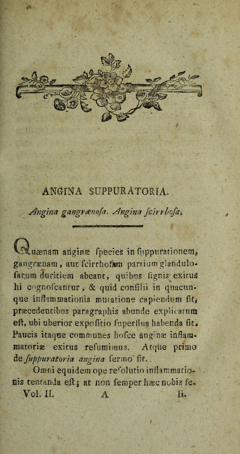 ANGINA SUPPURATORIA. Angina gangrcJsnofa, Angina fcirrhfa^ C^uaeiiam atlgins fpfecies ia Pippiifationemj^ gangrsinaai, aiic fcirrhoikm partium glandulo- far,um duritiem abeant j quibus fignis exituS hi C‘'‘griOrcantur, &amp; quid confilii in quacun- que inflainuiatiGilis niufatione capiendum procedentibus paragraphis abunde eXplitanim eft, ubi uberior expofuio TuperHua habenda fito Paucis itaque communes liofce ^ng'mo inflara- materio exitus refurnimus. Atque priaio de fuppuratorla angina ferino Iit. Omni equidem ope resolutio inHammatio- uis tentanda eft; at non femperlijec nobis fe.. VoL IL A ii.